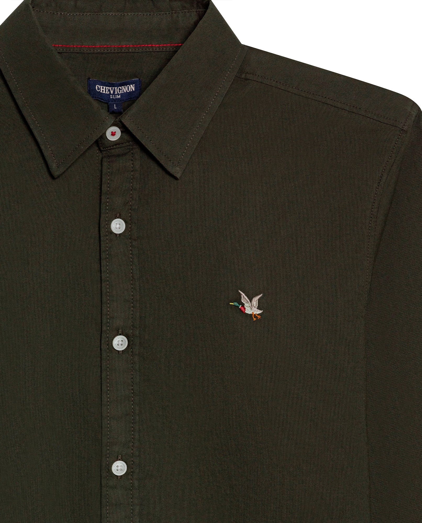 Mens Shirt Long Sleeve Slim Fit Oxford Cotton Vibrant Duck Raw Contrast Buttons Side Details Woven Label - Green 63_611H027_VER190414_3