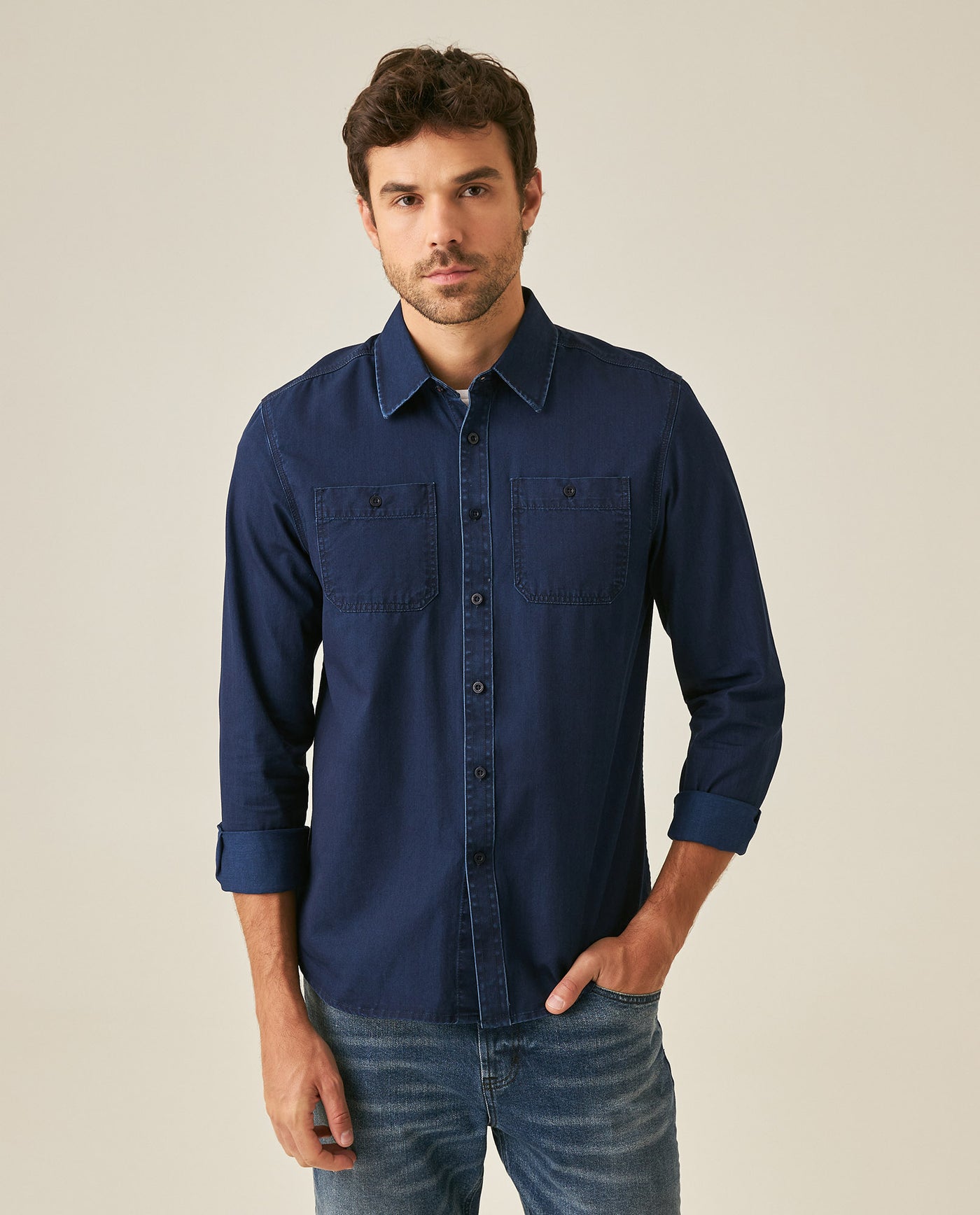Mens Shirt Long Sleeve Slim Fit Cotton Denim Diagonal Special Wash Patch Pockets Buttons Classic Collar - Blue 63_611H028_AZU193924_0
