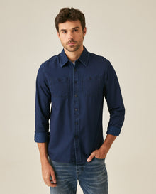 Mens Shirt Long Sleeve Slim Fit Cotton Denim Diagonal Special Wash Patch Pockets Buttons Classic Collar - Blue 63_611H028_AZU193924_0