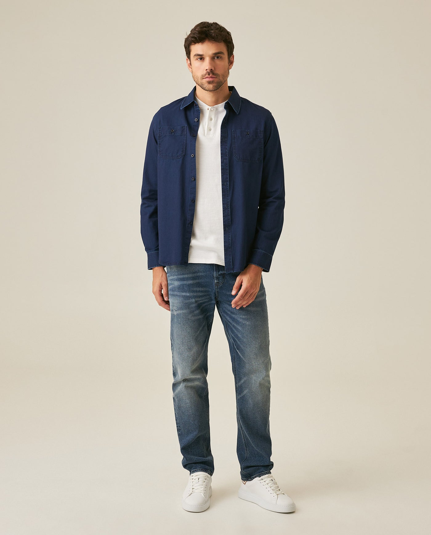 Mens Shirt Long Sleeve Slim Fit Cotton Denim Diagonal Special Wash Patch Pockets Buttons Classic Collar - Blue 63_611H028_AZU193924_4