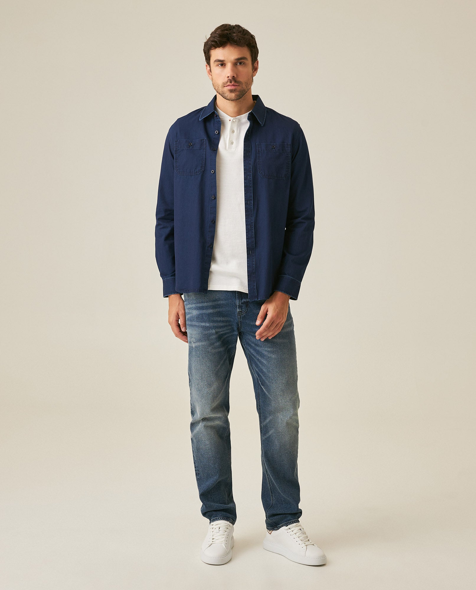 Mens Shirt Long Sleeve Slim Fit Cotton Denim Diagonal Special Wash Patch Pockets Buttons Classic Collar - Blue 63_611H028_AZU193924_4