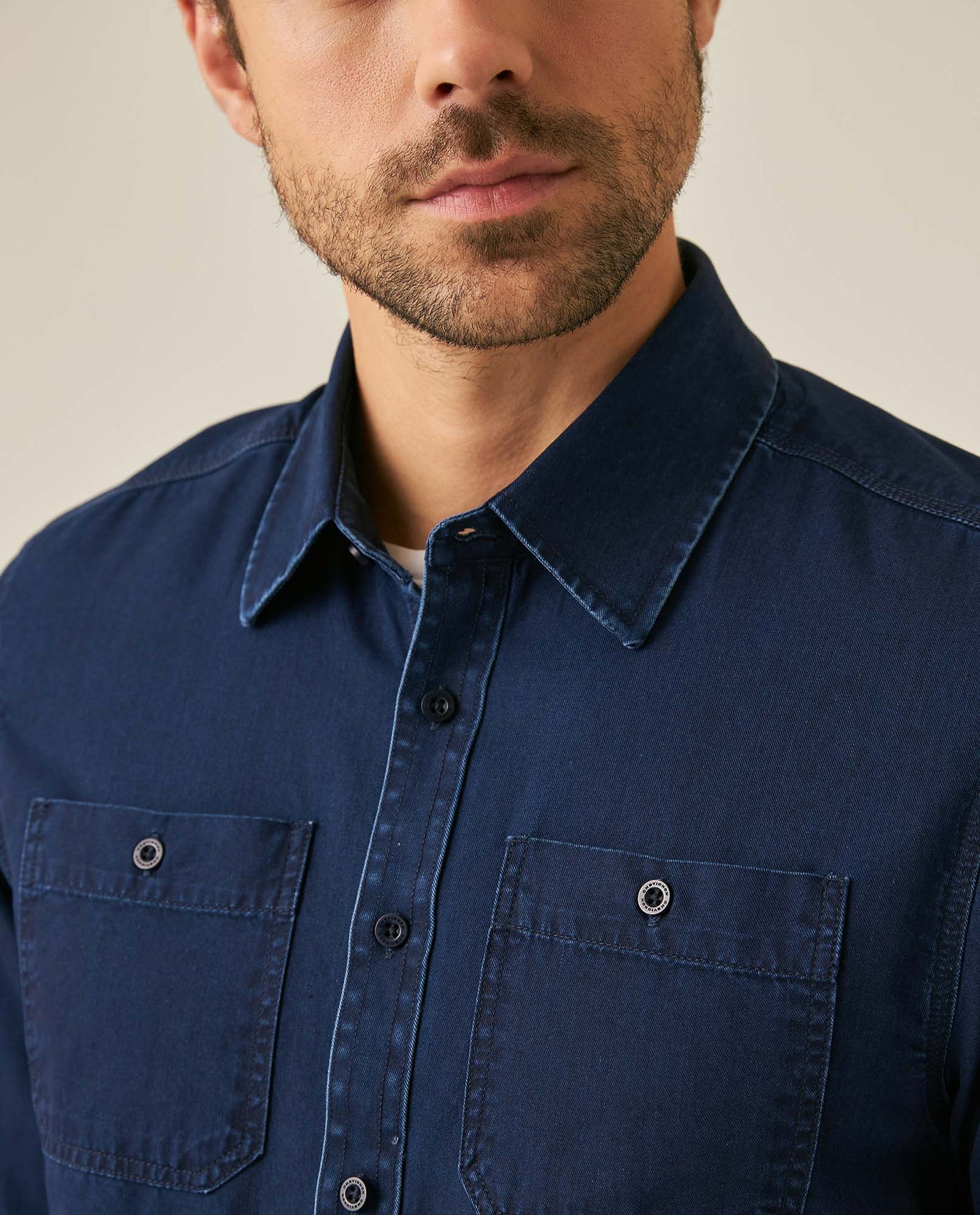 Mens Shirt Long Sleeve Slim Fit Cotton Denim Diagonal Special Wash Patch Pockets Buttons Classic Collar - Blue 63_611H028_AZU193924_5