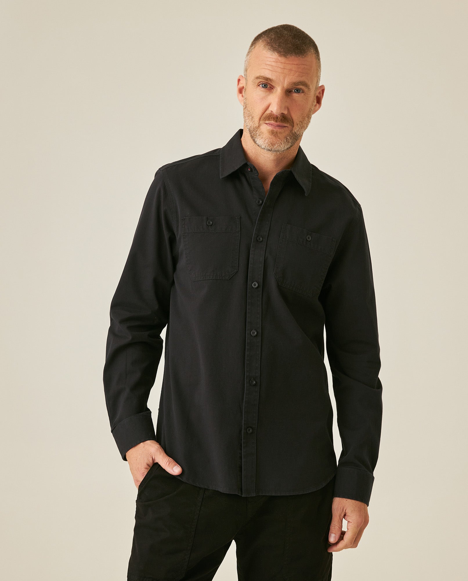 Mens Shirt Long Sleeve Slim Fit Cotton Denim Diagonal Special Wash Patch Pockets Buttons Classic Collar - Black 63_611H028_NEG194004_0