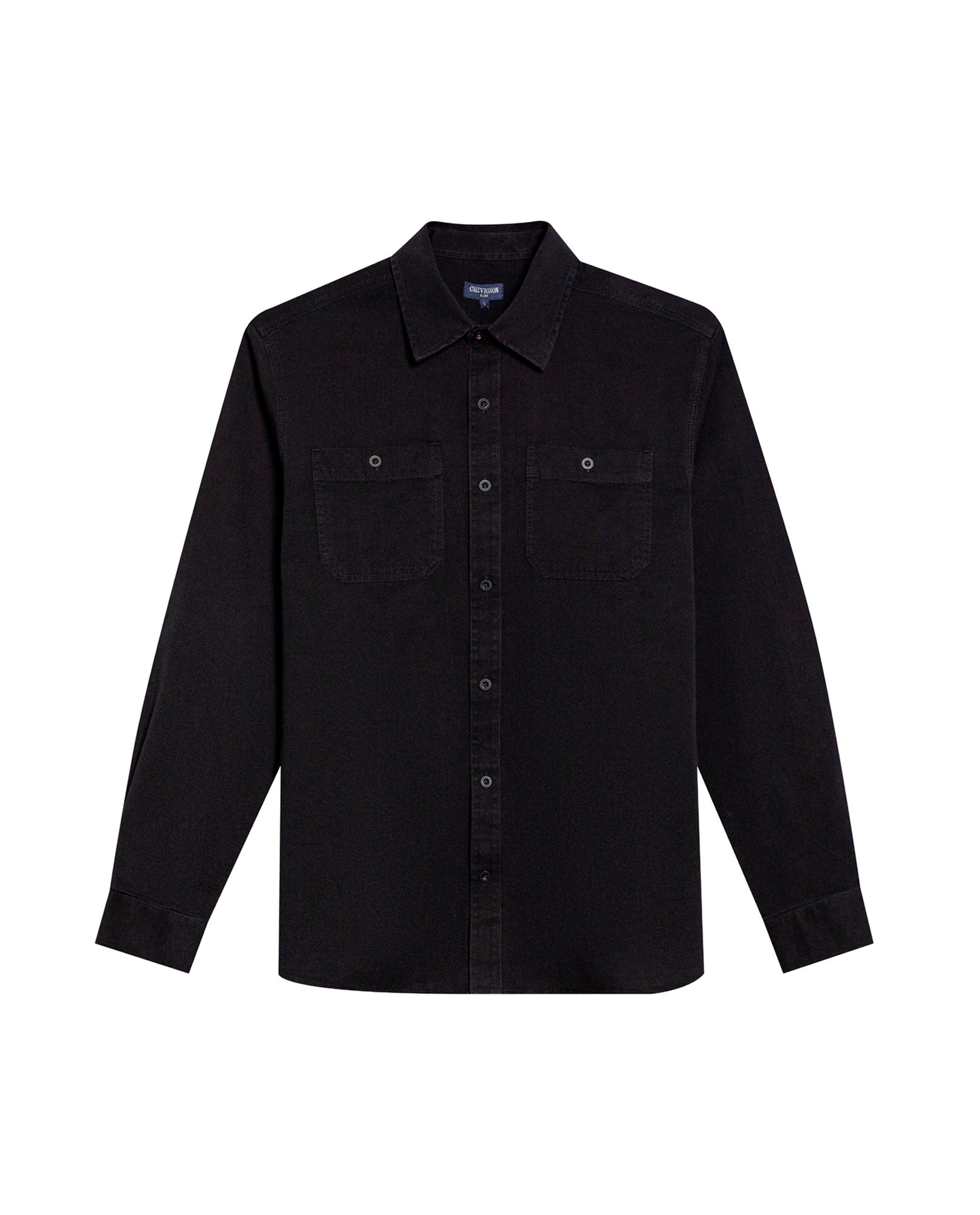 Mens Shirt Long Sleeve Slim Fit Cotton Denim Diagonal Special Wash Patch Pockets Buttons Classic Collar - Black 63_611H028_NEG194004_3