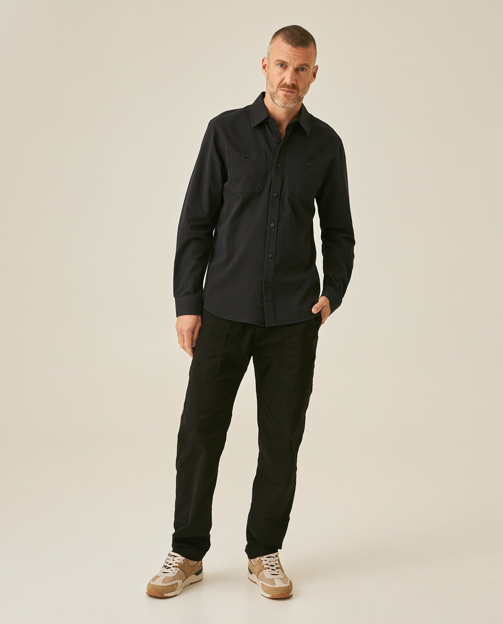 Mens Shirt Long Sleeve Slim Fit Cotton Denim Diagonal Special Wash Patch Pockets Buttons Classic Collar - Black 63_611H028_NEG194004_4