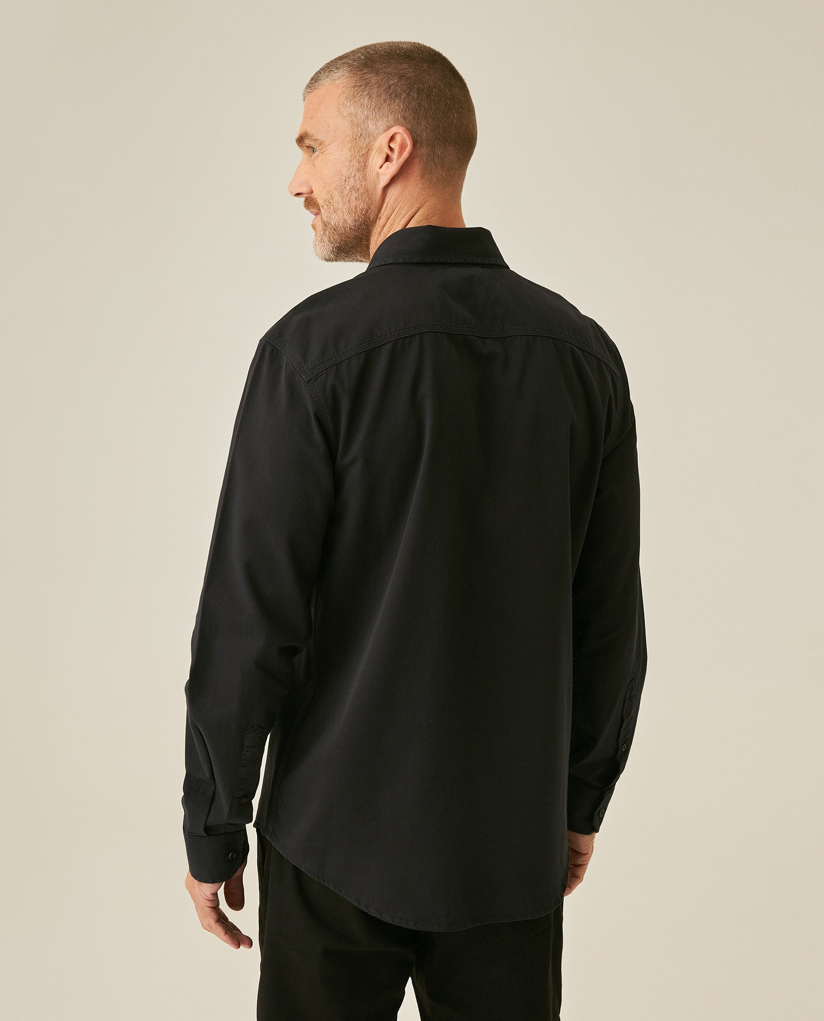 Mens Shirt Long Sleeve Slim Fit Cotton Denim Diagonal Special Wash Patch Pockets Buttons Classic Collar - Black 63_611H028_NEG194004_6