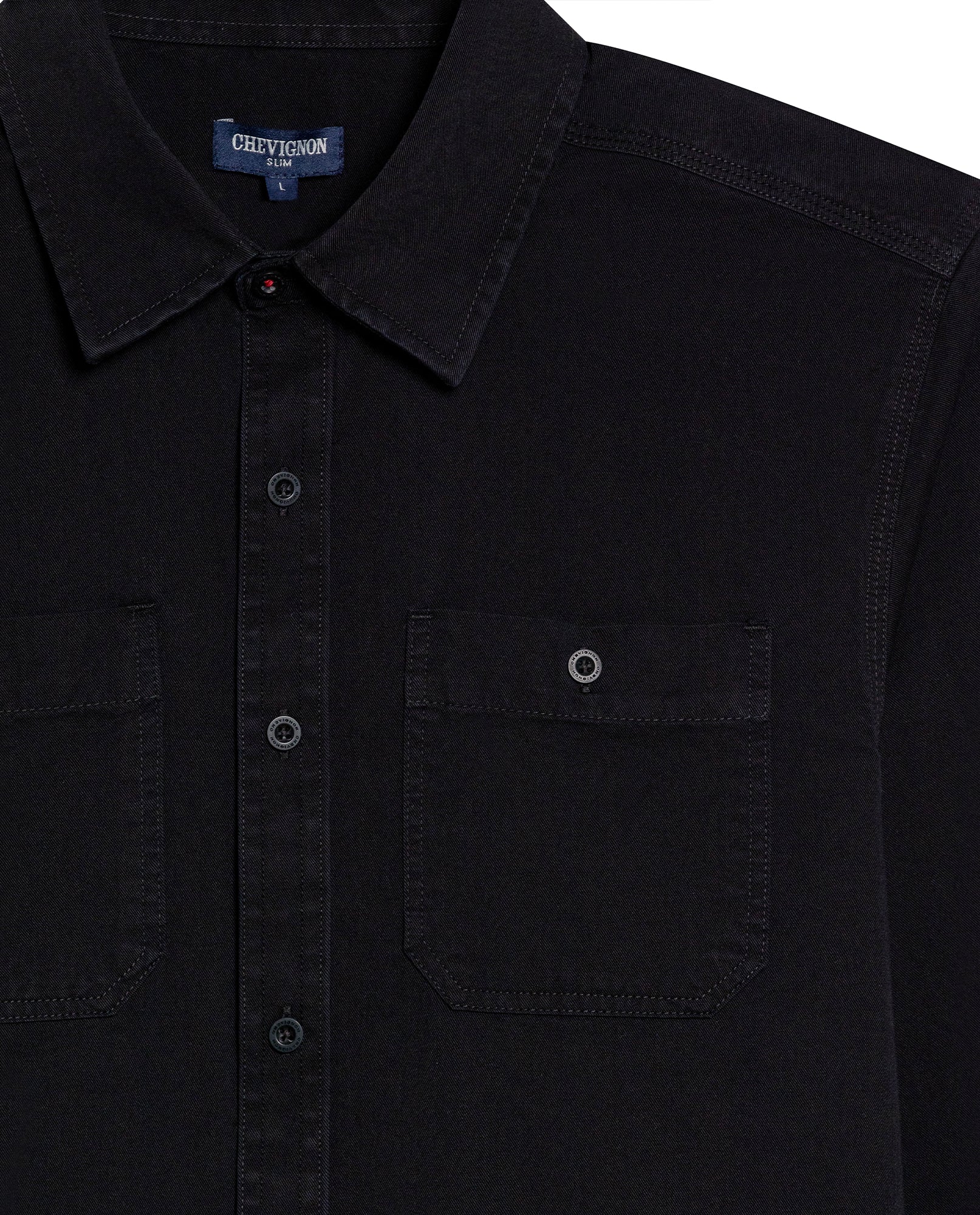 Mens Shirt Long Sleeve Slim Fit Cotton Denim Diagonal Special Wash Patch Pockets Buttons Classic Collar - Black 63_611H028_NEG194004_8