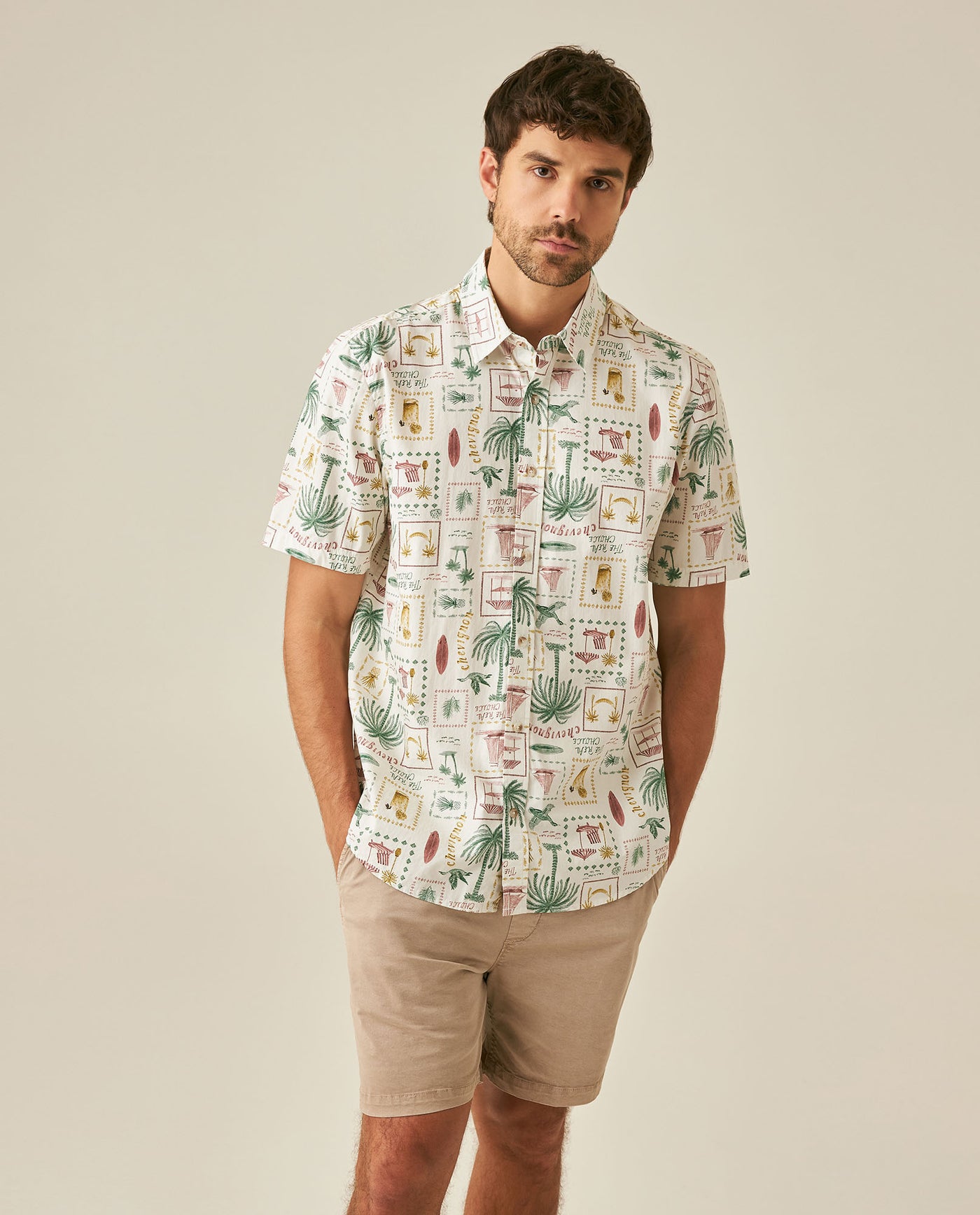 Mens Shirt Short Sleeve Classic Fit Resort Cotton Continuous Palm Print Flag Label No Pocket - Raw 63_611H029_CRU110606_0