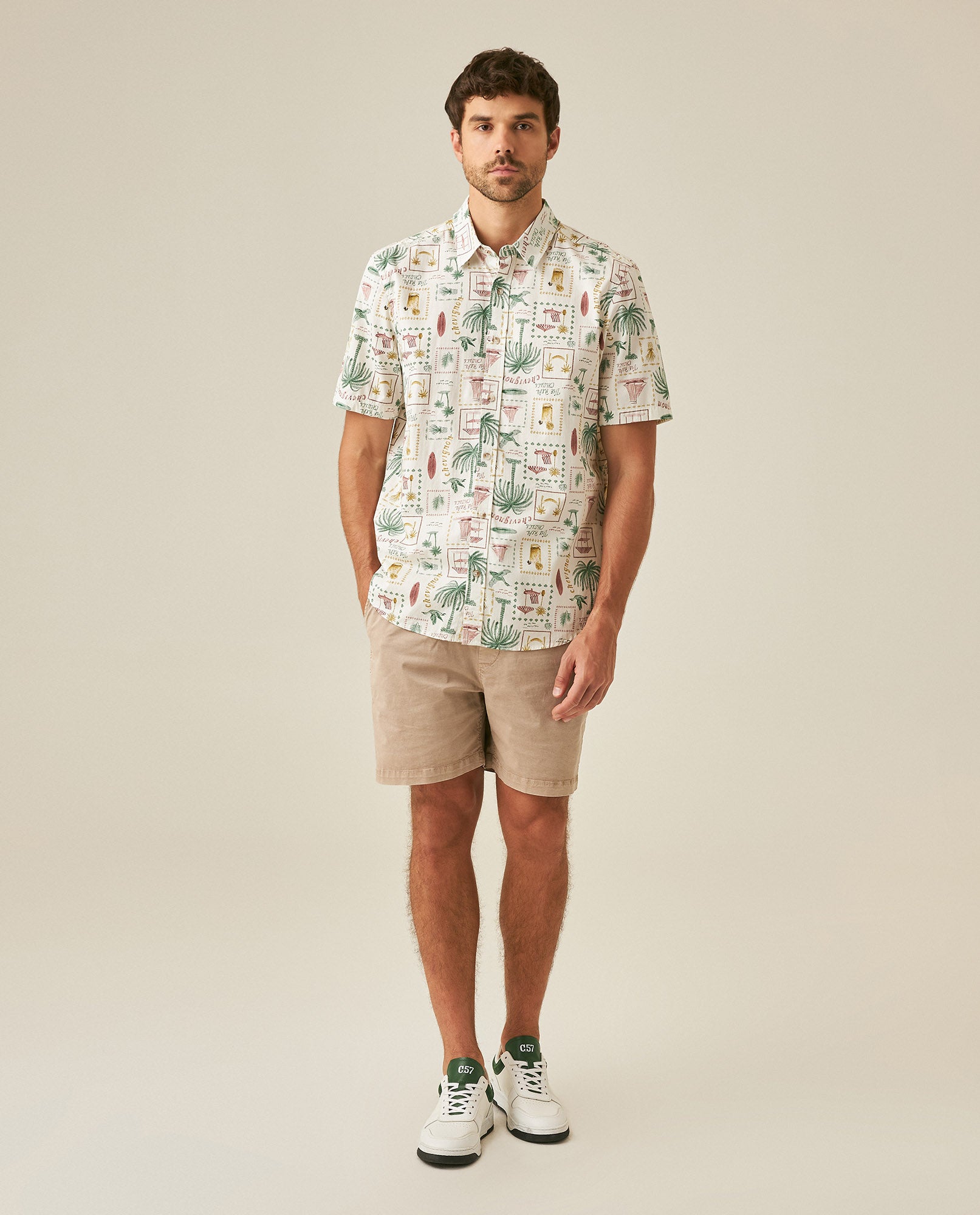 Mens Shirt Short Sleeve Classic Fit Resort Cotton Continuous Palm Print Flag Label No Pocket - Raw 63_611H029_CRU110606_4