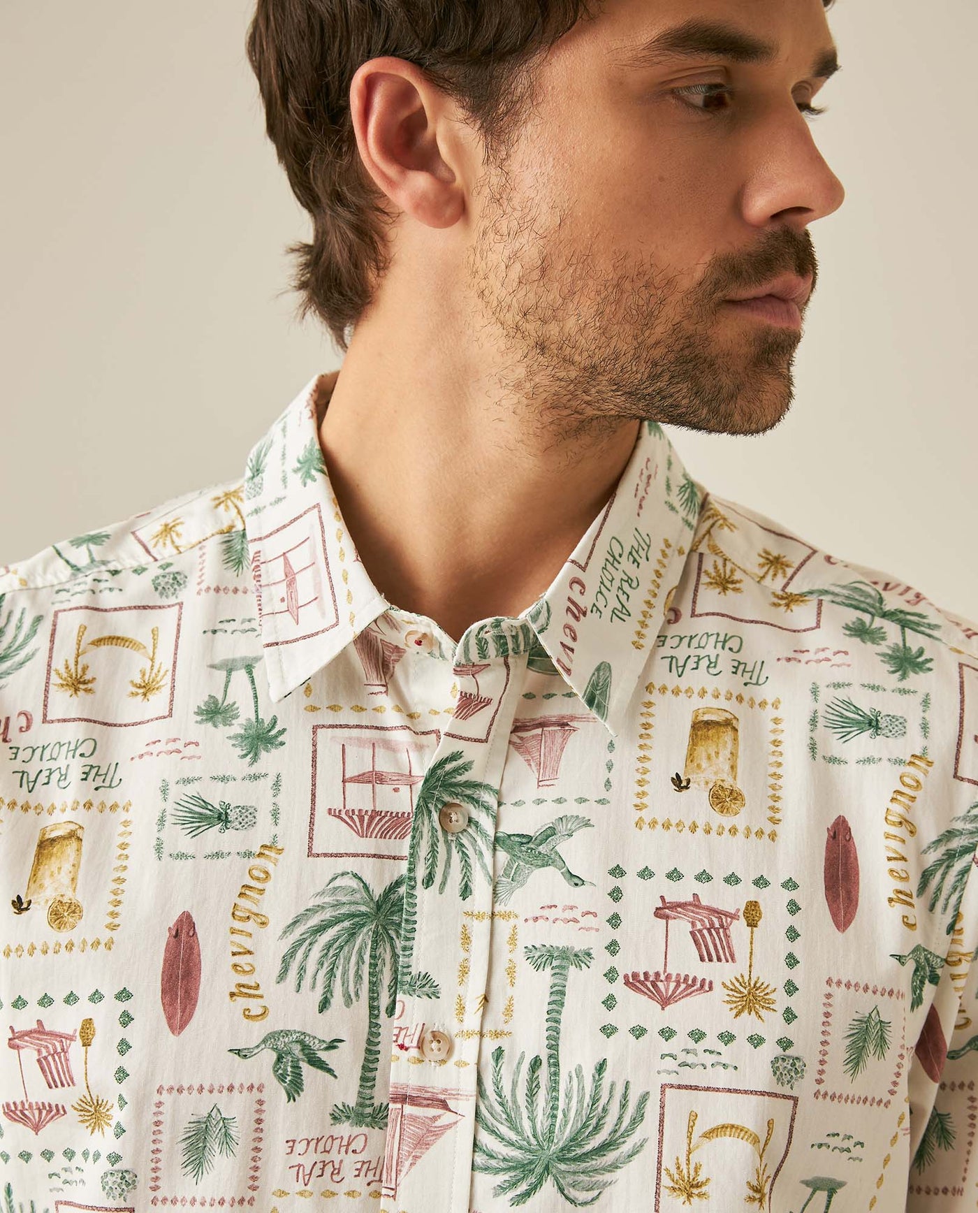 Mens Shirt Short Sleeve Classic Fit Resort Cotton Continuous Palm Print Flag Label No Pocket - Raw 63_611H029_CRU110606_5