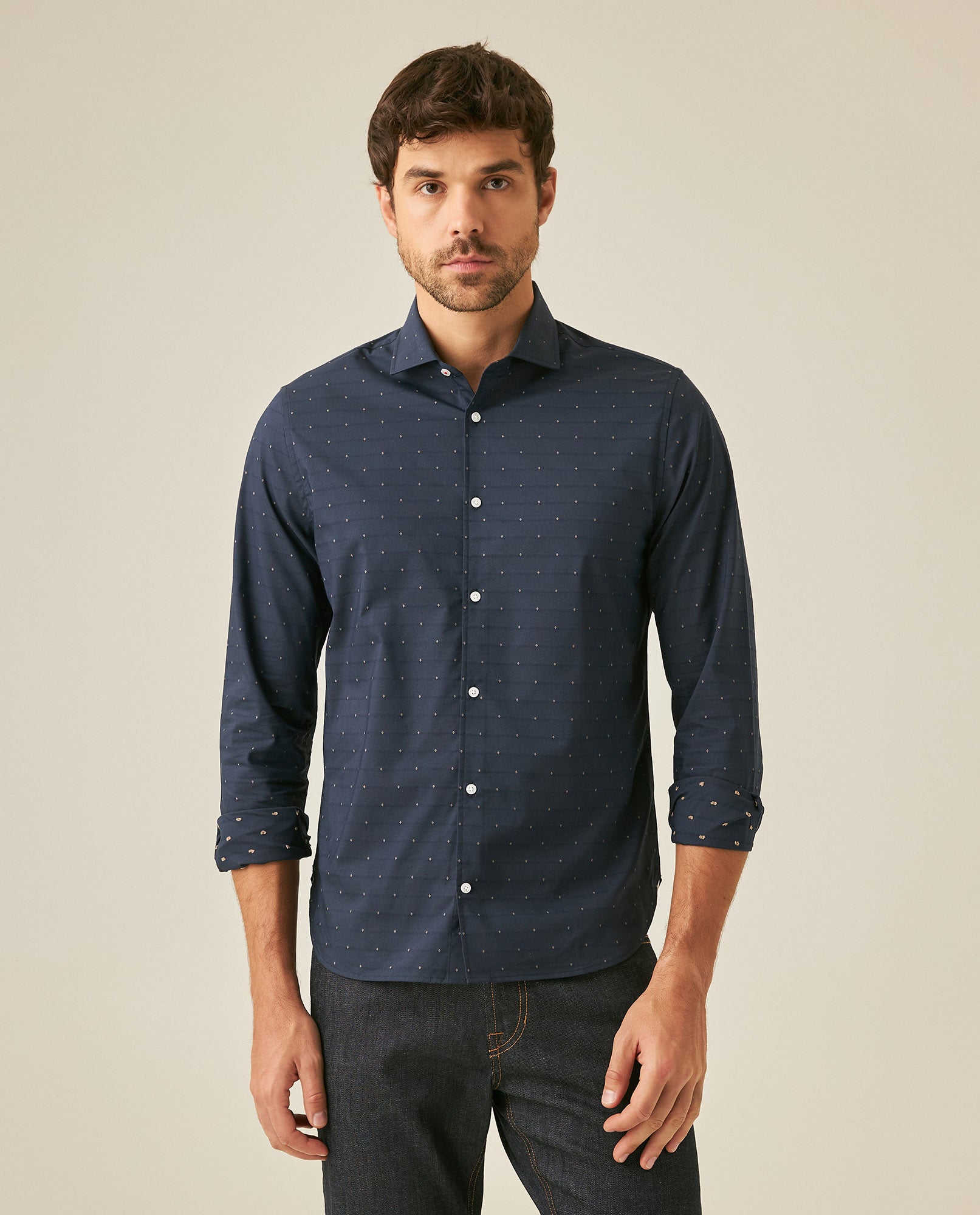 Mens Shirt Long Sleeve Slim Fit Cotton Coolmax Elastane Dobby Contrast Miniprint - Blue 63_611H030_AZU194011_0