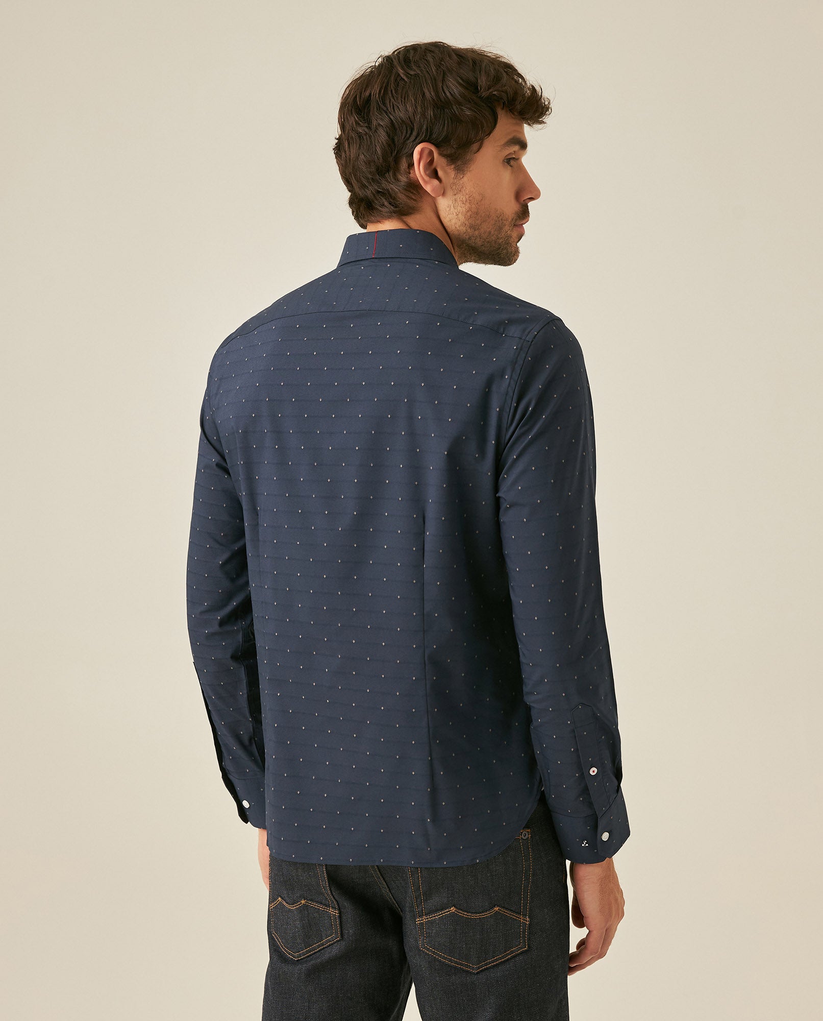 Mens Shirt Long Sleeve Slim Fit Cotton Coolmax Elastane Dobby Contrast Miniprint - Blue 63_611H030_AZU194011_6