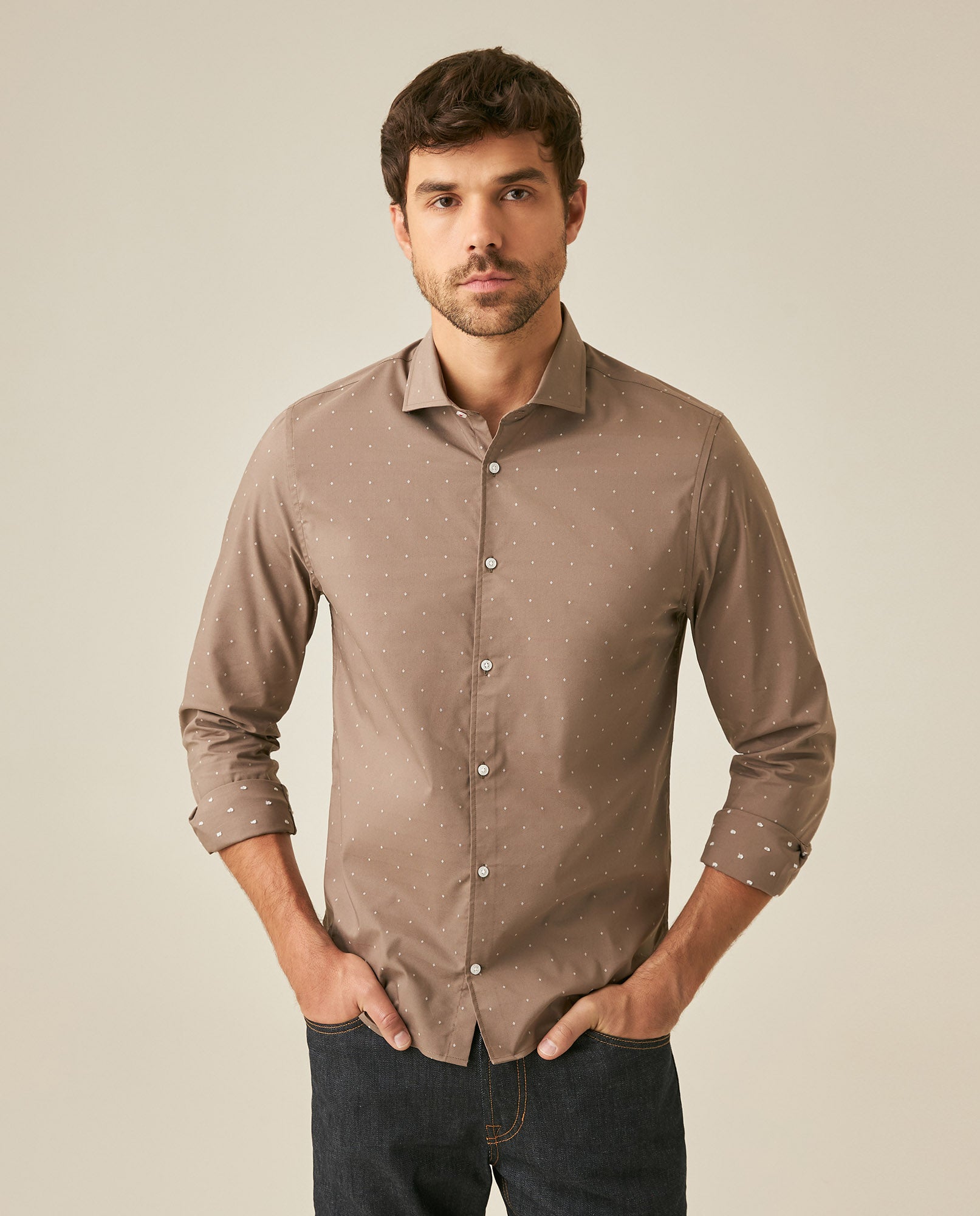 Mens Shirt Long Sleeve Slim Fit Cotton Coolmax Elastane Dobby Contrast Miniprint - Brown 63_611H030_CAF190808_0