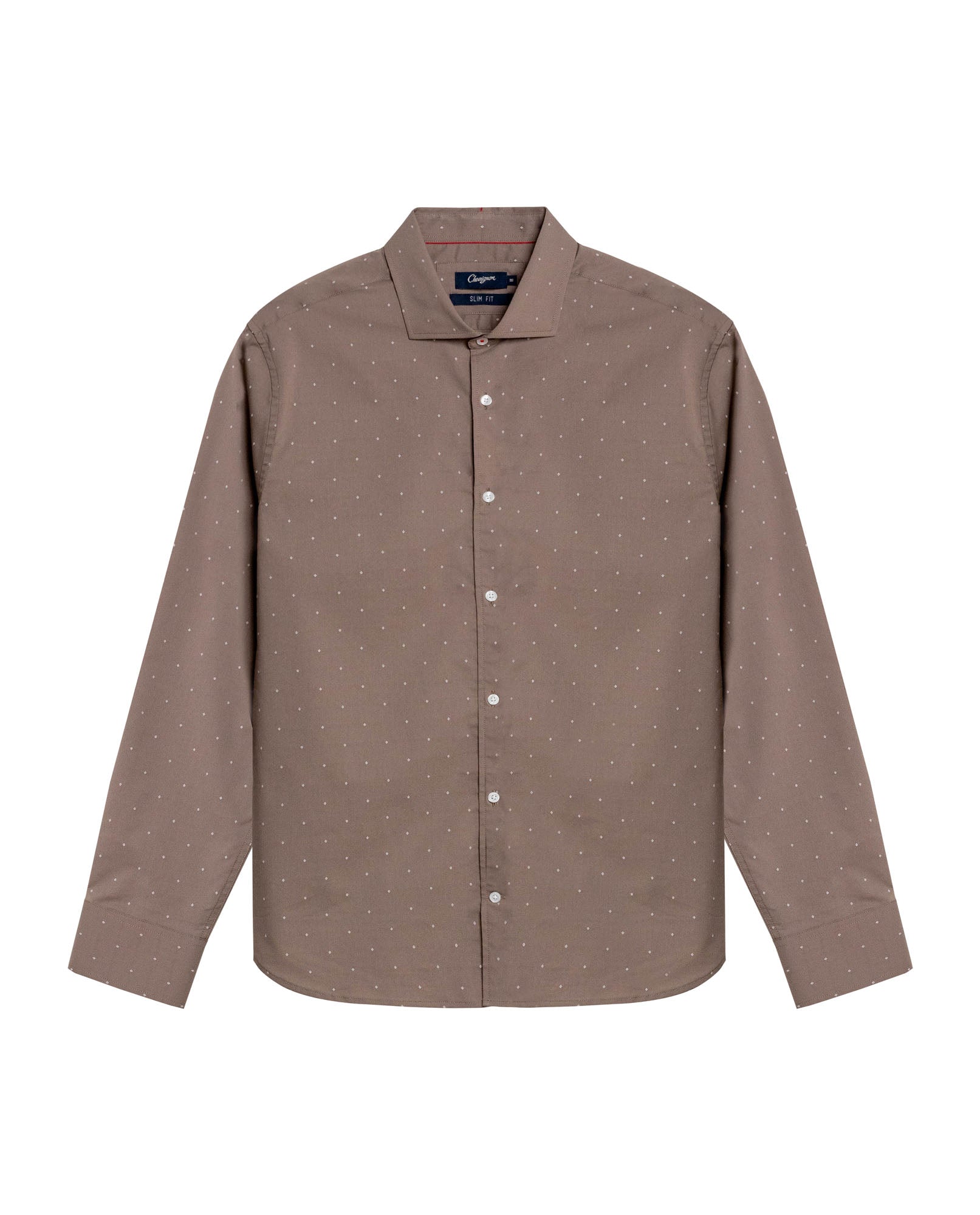 Mens Shirt Long Sleeve Slim Fit Cotton Coolmax Elastane Dobby Contrast Miniprint - Brown 63_611H030_CAF190808_3