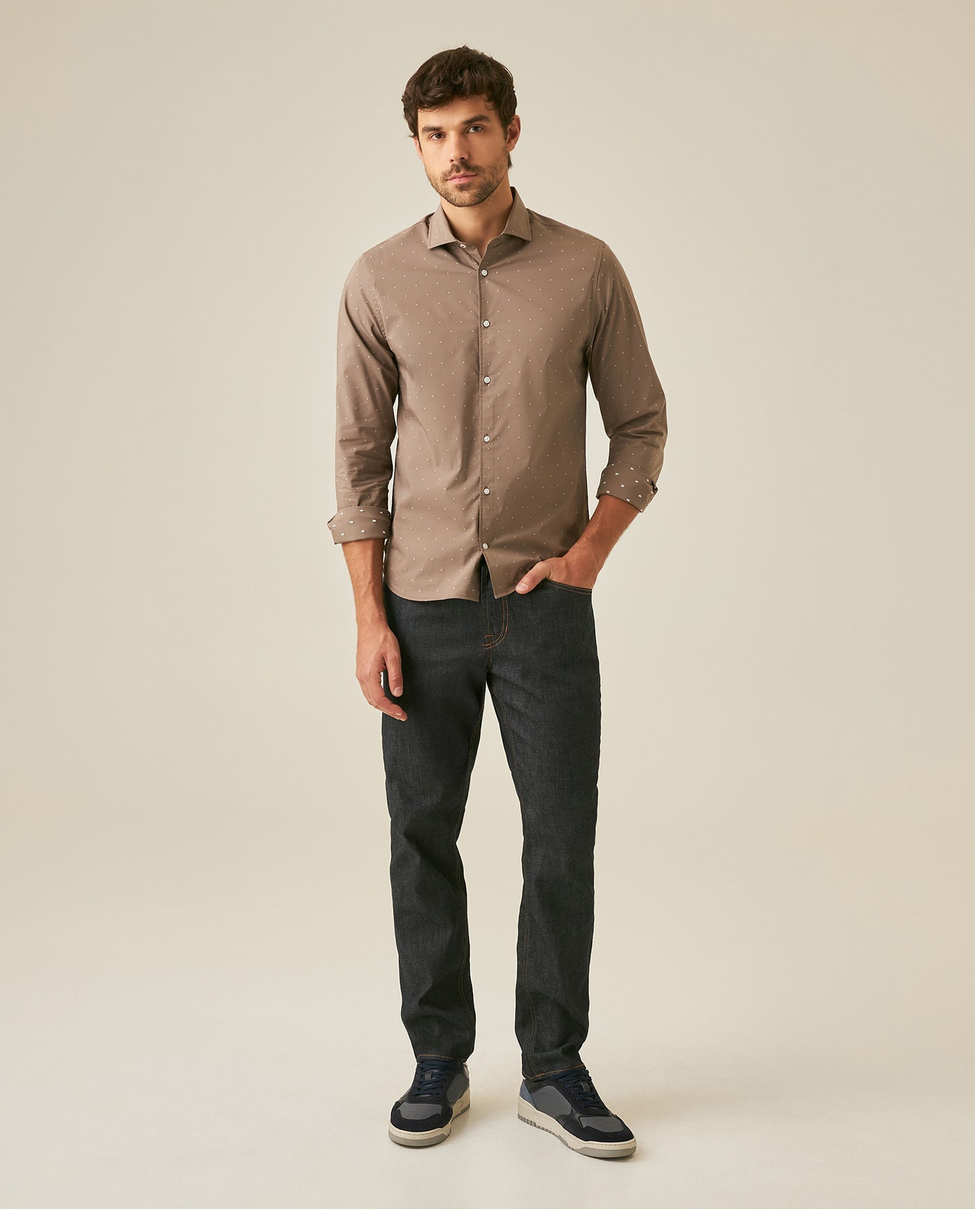 Mens Shirt Long Sleeve Slim Fit Cotton Coolmax Elastane Dobby Contrast Miniprint - Brown 63_611H030_CAF190808_4