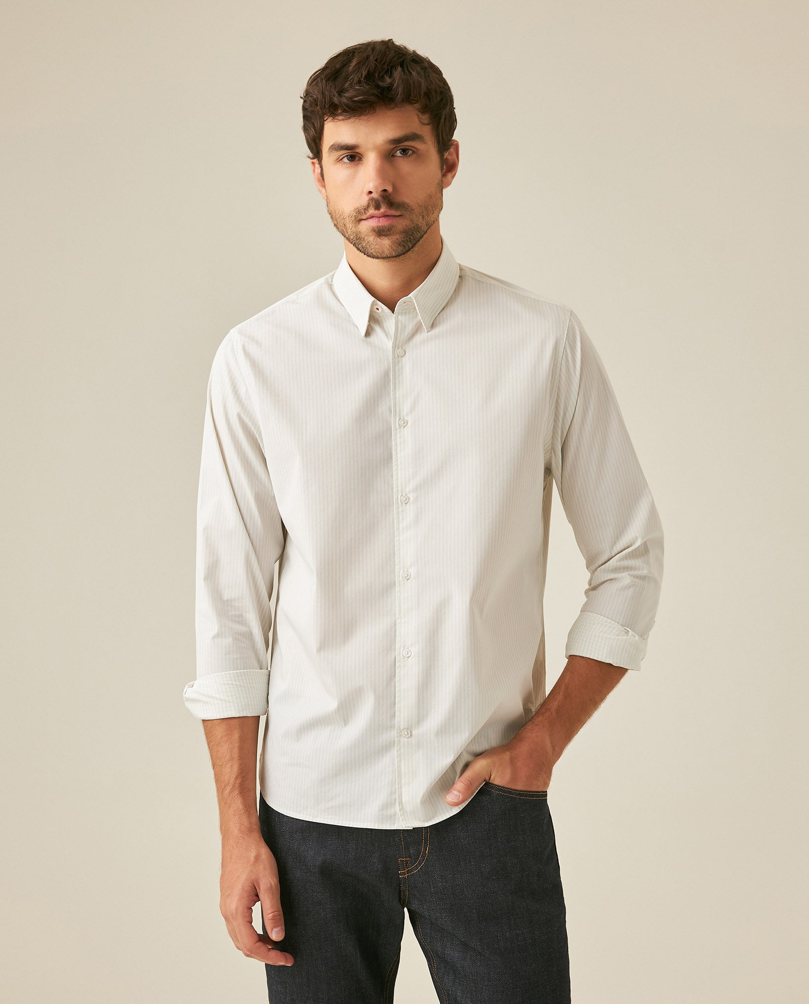Mens Shirt Long Sleeve Classic Fit Cotton Coolmax Elastane Pre-Dyed Microtextured Stripe - Blue 63_611H032_AZU134110_0