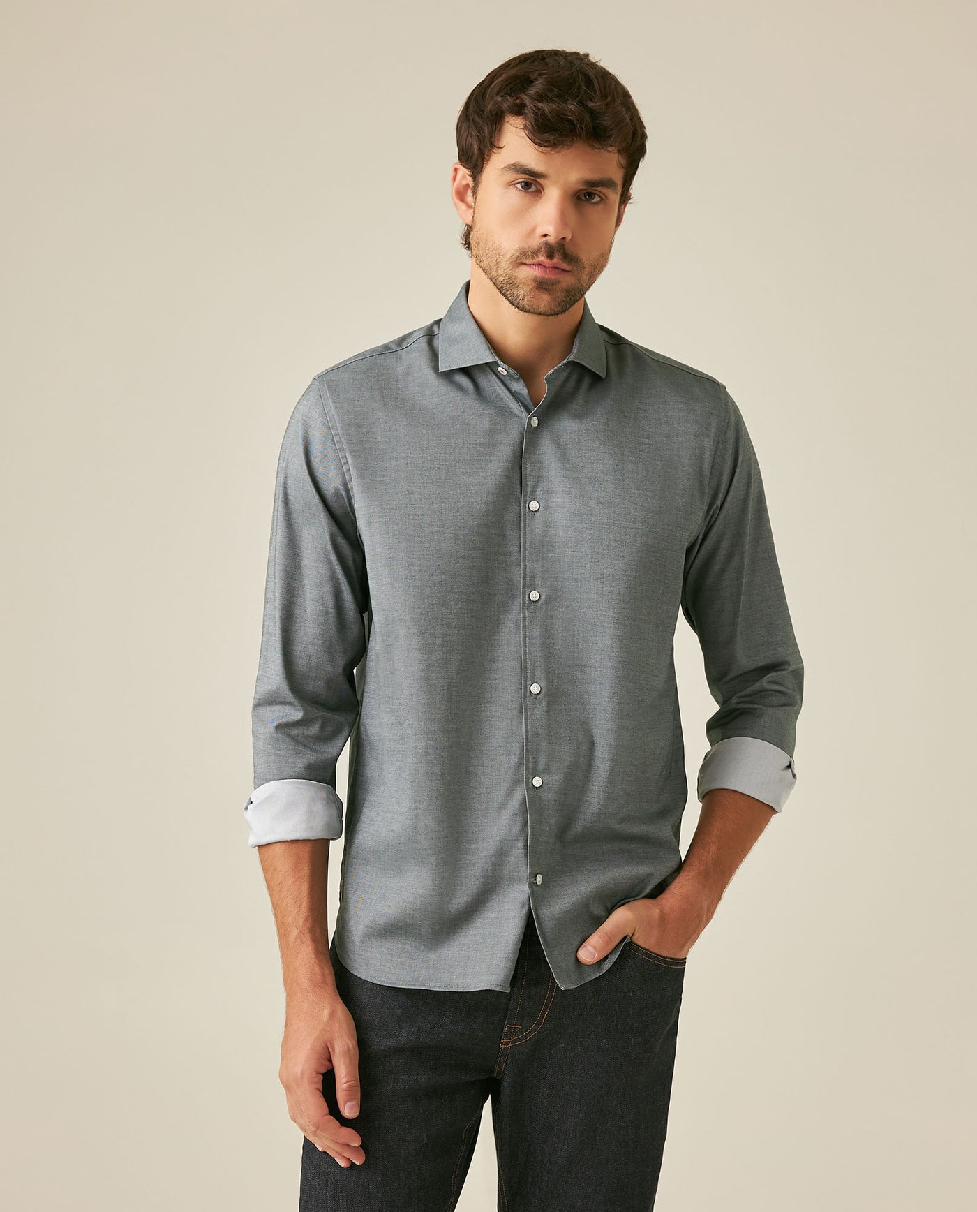 Mens Shirt Long Sleeve Classic Fit Micro-Brushed Cotton Elastane Twill Pre-Dyed Miniprint - Green 63_611H033_VER195350_0