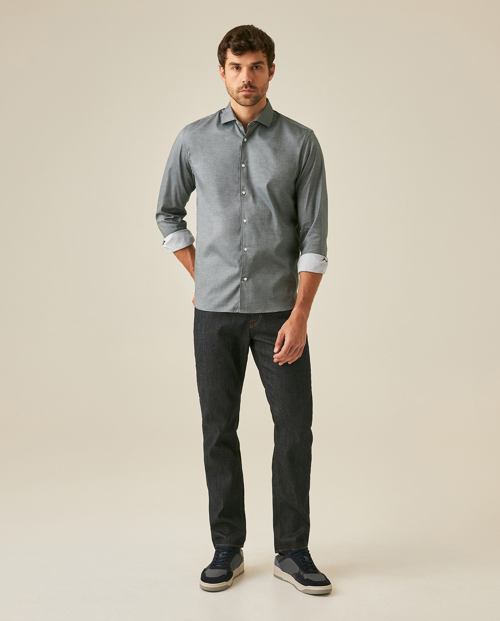 Mens Shirt Long Sleeve Classic Fit Micro-Brushed Cotton Elastane Twill Pre-Dyed Miniprint - Green 63_611H033_VER195350_4