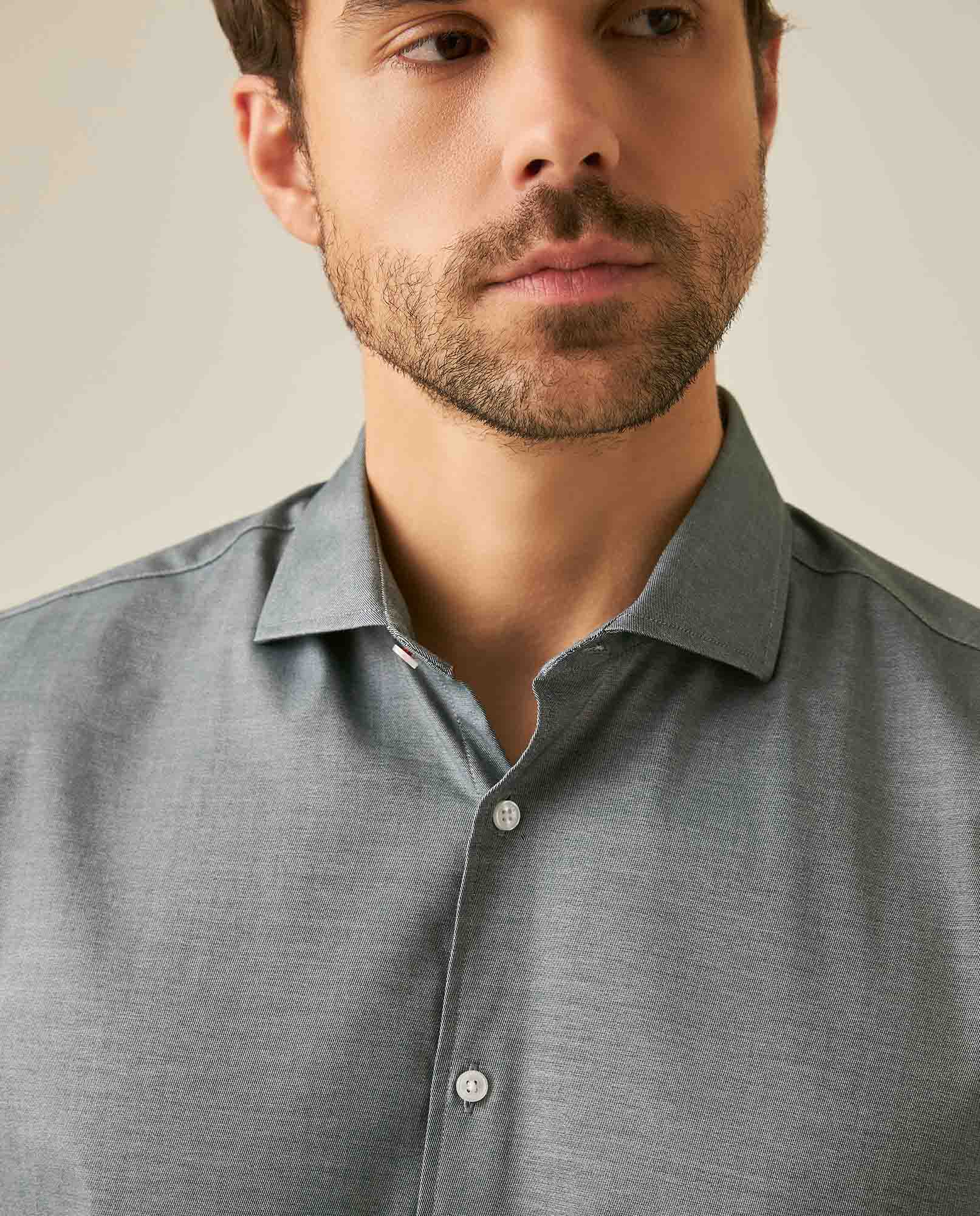 Mens Shirt Long Sleeve Classic Fit Micro-Brushed Cotton Elastane Twill Pre-Dyed Miniprint - Green 63_611H033_VER195350_5