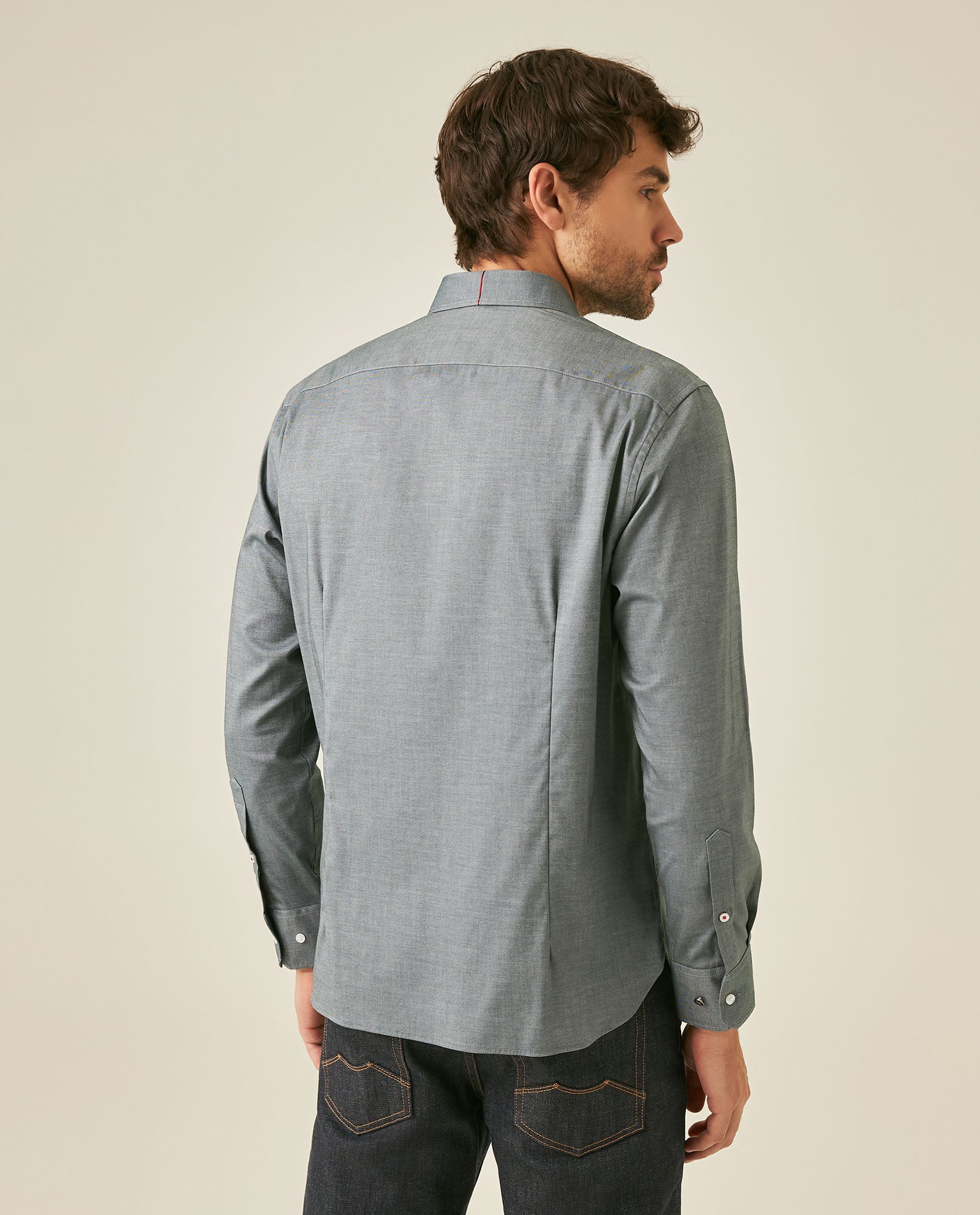 Mens Shirt Long Sleeve Classic Fit Micro-Brushed Cotton Elastane Twill Pre-Dyed Miniprint - Green 63_611H033_VER195350_6