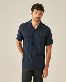 Mens Shirt Short Sleeve Classic Fit Lyocell Cotton Subtle Texture Patch Pockets Flaps Mini Lapel Collar - Blue 63_611H034_AZU193923_0