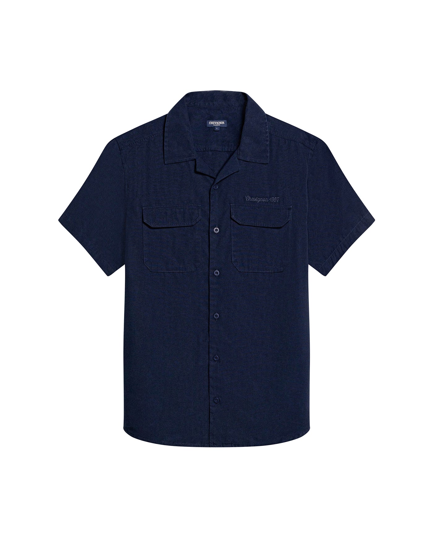 Mens Shirt Short Sleeve Classic Fit Lyocell Cotton Subtle Texture Patch Pockets Flaps Mini Lapel Collar - Blue 63_611H034_AZU193923_3