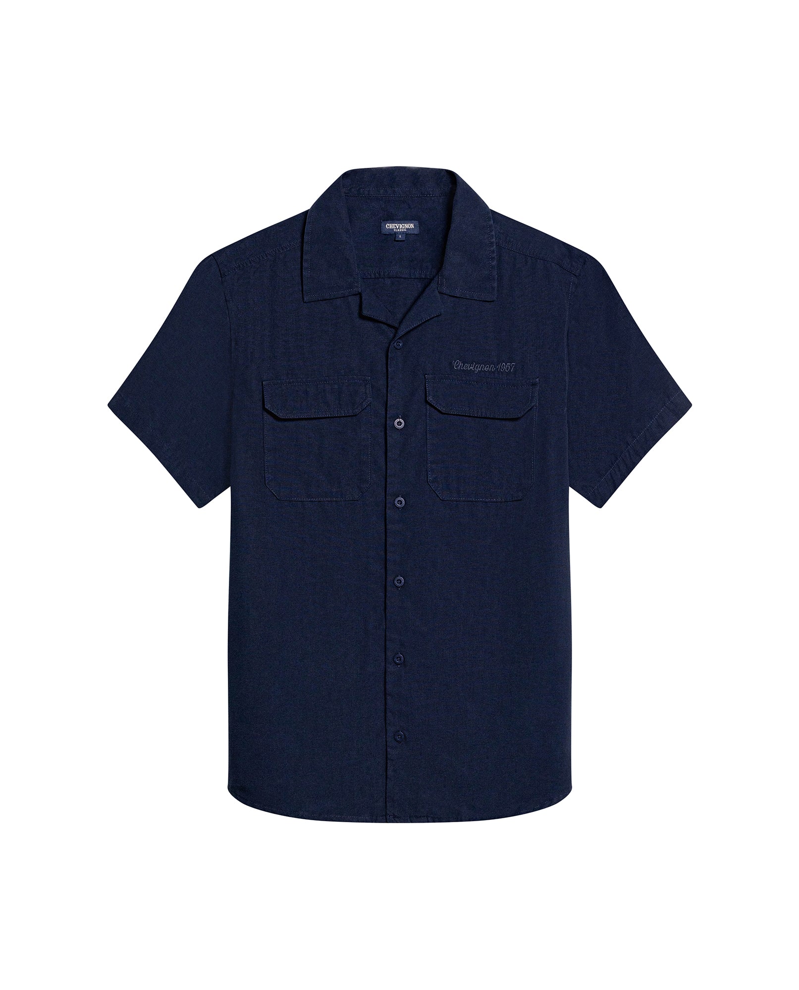Mens Shirt Short Sleeve Classic Fit Lyocell Cotton Subtle Texture Patch Pockets Flaps Mini Lapel Collar - Blue 63_611H034_AZU193923_3
