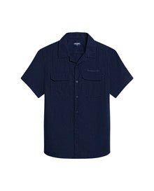 Mens Shirt Short Sleeve Classic Fit Lyocell Cotton Subtle Texture Patch Pockets Flaps Mini Lapel Collar - Blue 63_611H034_AZU193923_3