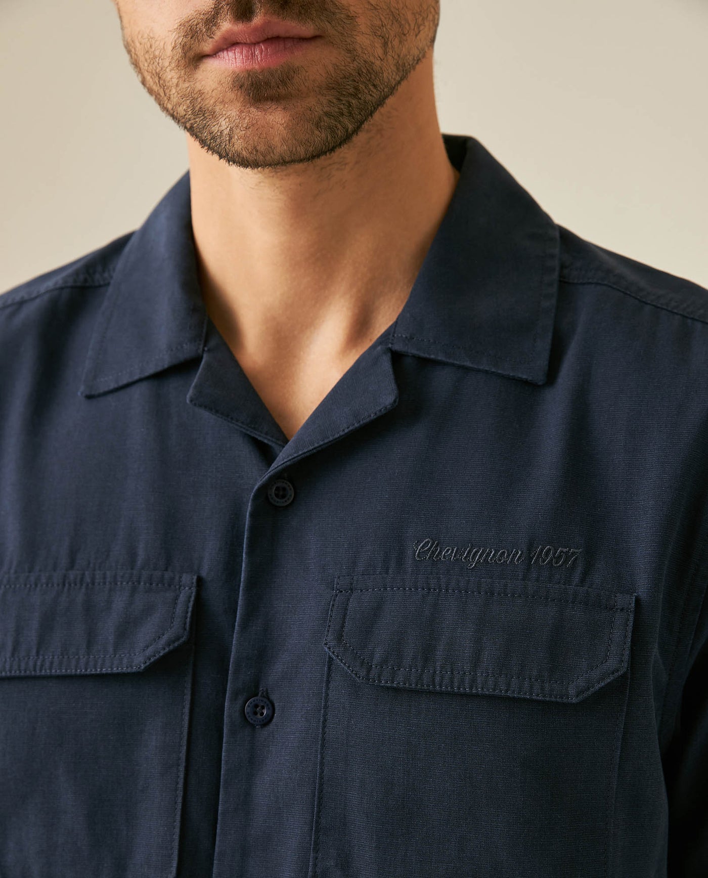 Mens Shirt Short Sleeve Classic Fit Lyocell Cotton Subtle Texture Patch Pockets Flaps Mini Lapel Collar - Blue 63_611H034_AZU193923_5