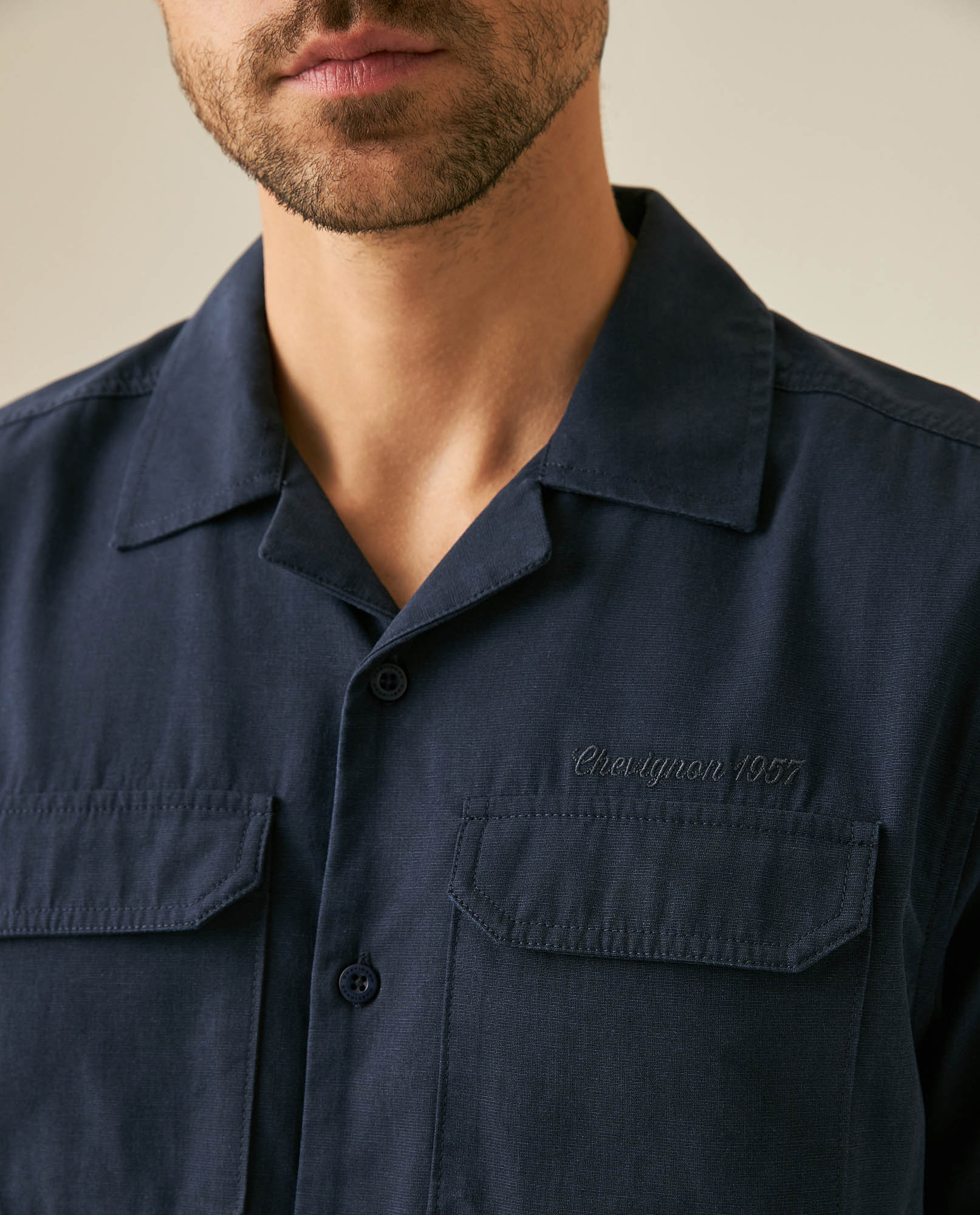 Mens Shirt Short Sleeve Classic Fit Lyocell Cotton Subtle Texture Patch Pockets Flaps Mini Lapel Collar - Blue 63_611H034_AZU193923_5