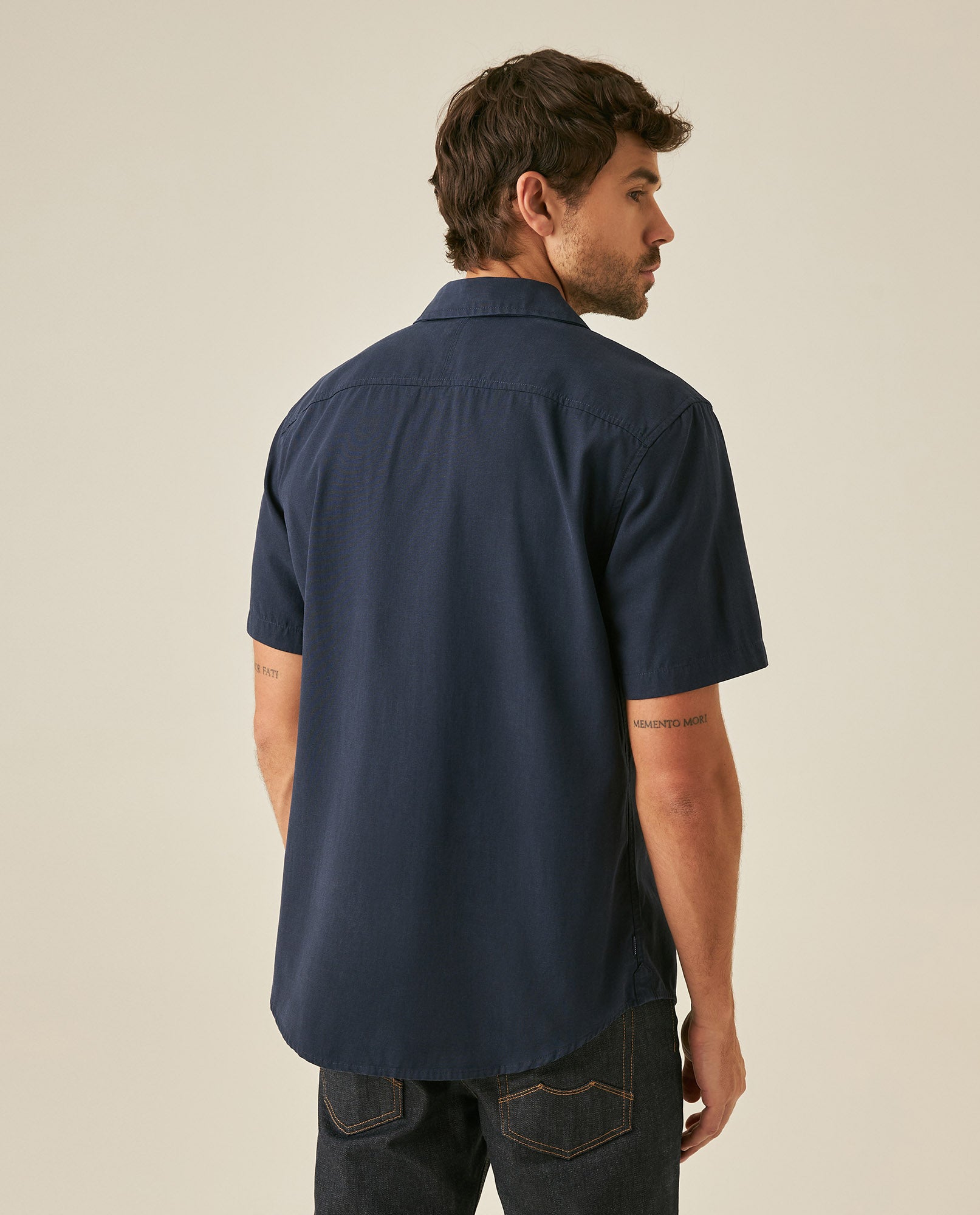 Mens Shirt Short Sleeve Classic Fit Lyocell Cotton Subtle Texture Patch Pockets Flaps Mini Lapel Collar - Blue 63_611H034_AZU193923_6