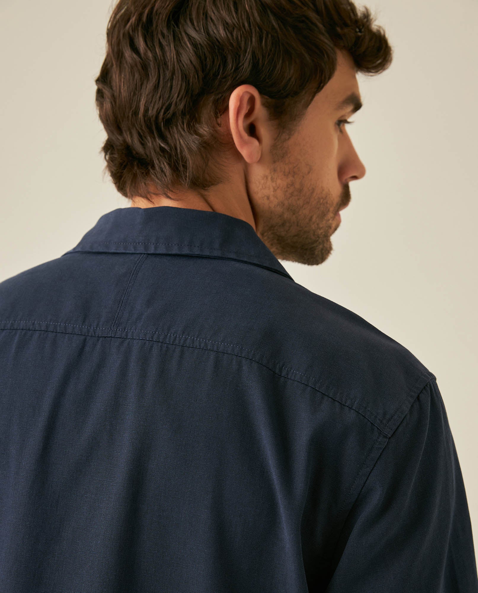 Mens Shirt Short Sleeve Classic Fit Lyocell Cotton Subtle Texture Patch Pockets Flaps Mini Lapel Collar - Blue 63_611H034_AZU193923_7