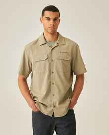 Mens Shirt Short Sleeve Classic Fit Lyocell Cotton Subtle Texture Patch Pockets Flaps Mini Lapel Collar - Green 63_611H034_VER170619_0