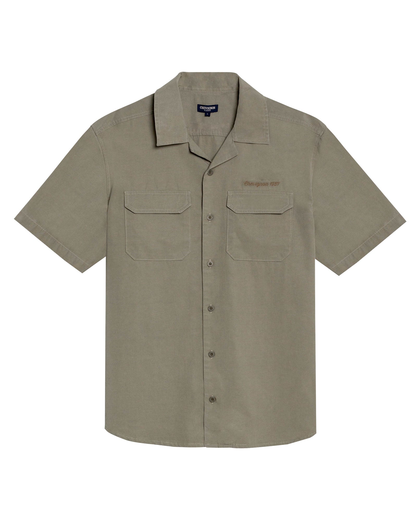 Mens Shirt Short Sleeve Classic Fit Lyocell Cotton Subtle Texture Patch Pockets Flaps Mini Lapel Collar - Green 63_611H034_VER170619_3