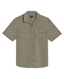 Mens Shirt Short Sleeve Classic Fit Lyocell Cotton Subtle Texture Patch Pockets Flaps Mini Lapel Collar - Green 63_611H034_VER170619_3