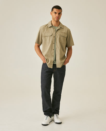 Mens Shirt Short Sleeve Classic Fit Lyocell Cotton Subtle Texture Patch Pockets Flaps Mini Lapel Collar - Green 63_611H034_VER170619_4