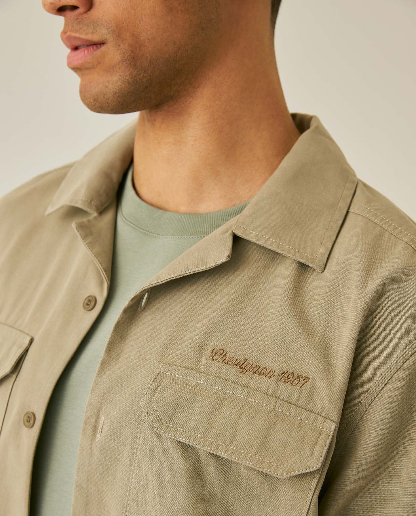 Mens Shirt Short Sleeve Classic Fit Lyocell Cotton Subtle Texture Patch Pockets Flaps Mini Lapel Collar - Green 63_611H034_VER170619_5