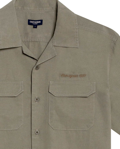 Mens Shirt Short Sleeve Classic Fit Lyocell Cotton Subtle Texture Patch Pockets Flaps Mini Lapel Collar - Green 63_611H034_VER170619_8