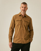 Mens Shirt Long Sleeve Regular Fit Cotton Twill Marked Diagonal Patch Pockets Flaps Hidden Snaps - Brown 63_611H035_CAF181018_0