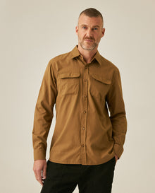 Mens Shirt Long Sleeve Regular Fit Cotton Twill Marked Diagonal Patch Pockets Flaps Hidden Snaps - Brown 63_611H035_CAF181018_0