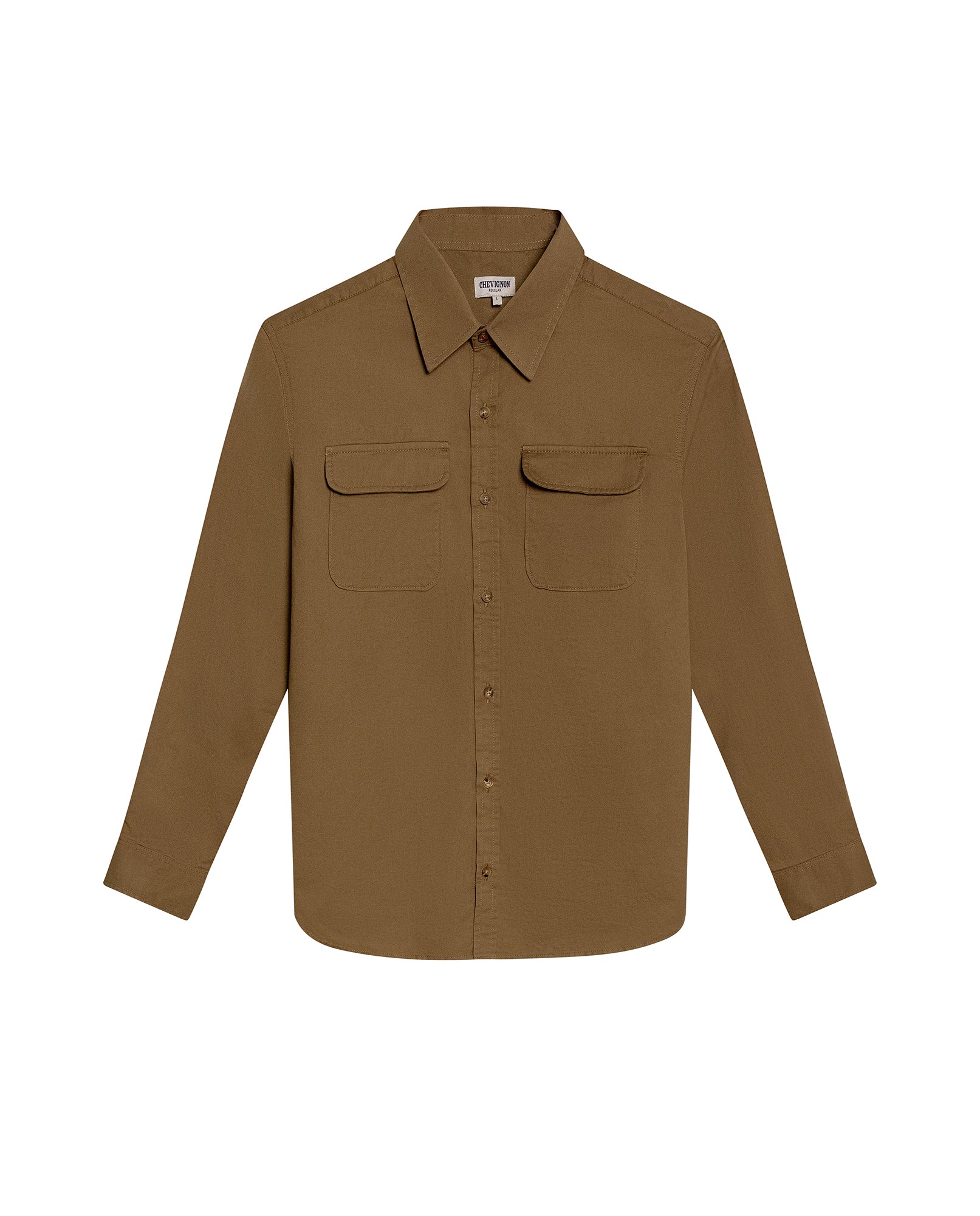 Mens Shirt Long Sleeve Regular Fit Cotton Twill Marked Diagonal Patch Pockets Flaps Hidden Snaps - Brown 63_611H035_CAF181018_3