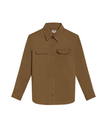 Mens Shirt Long Sleeve Regular Fit Cotton Twill Marked Diagonal Patch Pockets Flaps Hidden Snaps - Brown 63_611H035_CAF181018_3