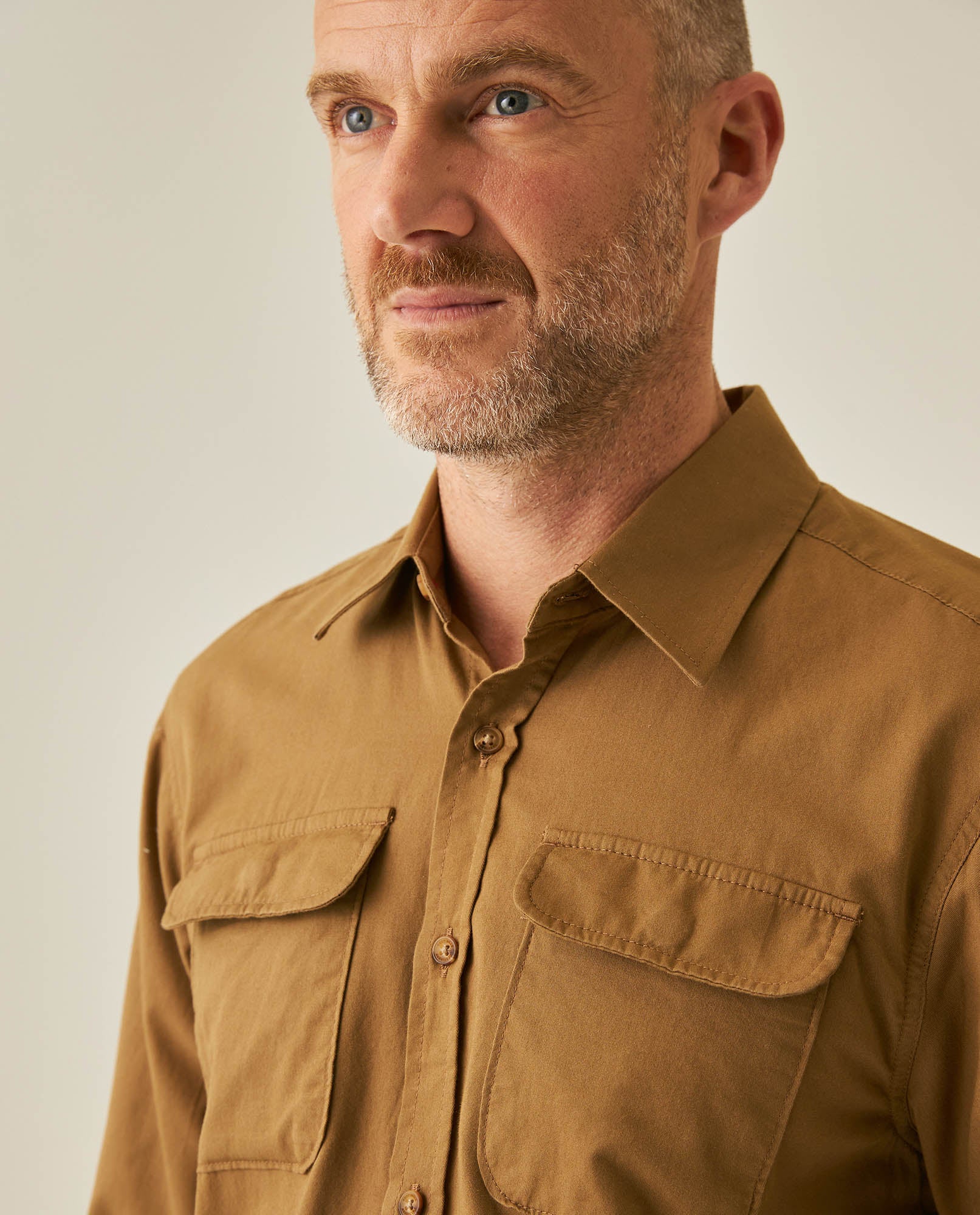 Mens Shirt Long Sleeve Regular Fit Cotton Twill Marked Diagonal Patch Pockets Flaps Hidden Snaps - Brown 63_611H035_CAF181018_5