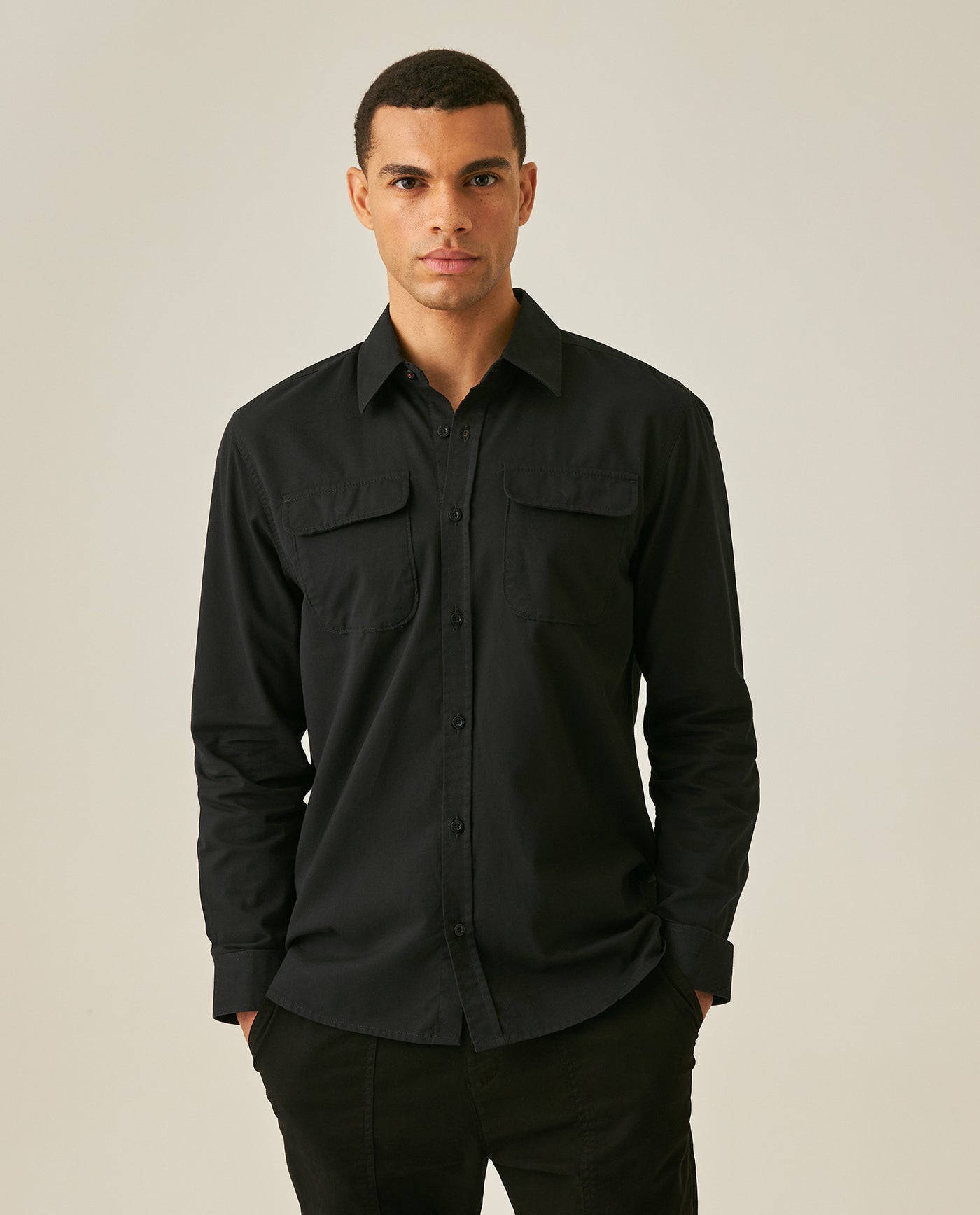 Mens Shirt Long Sleeve Regular Fit Cotton Twill Marked Diagonal Patch Pockets Flaps Hidden Snaps - Black 63_611H035_NEG194007_0