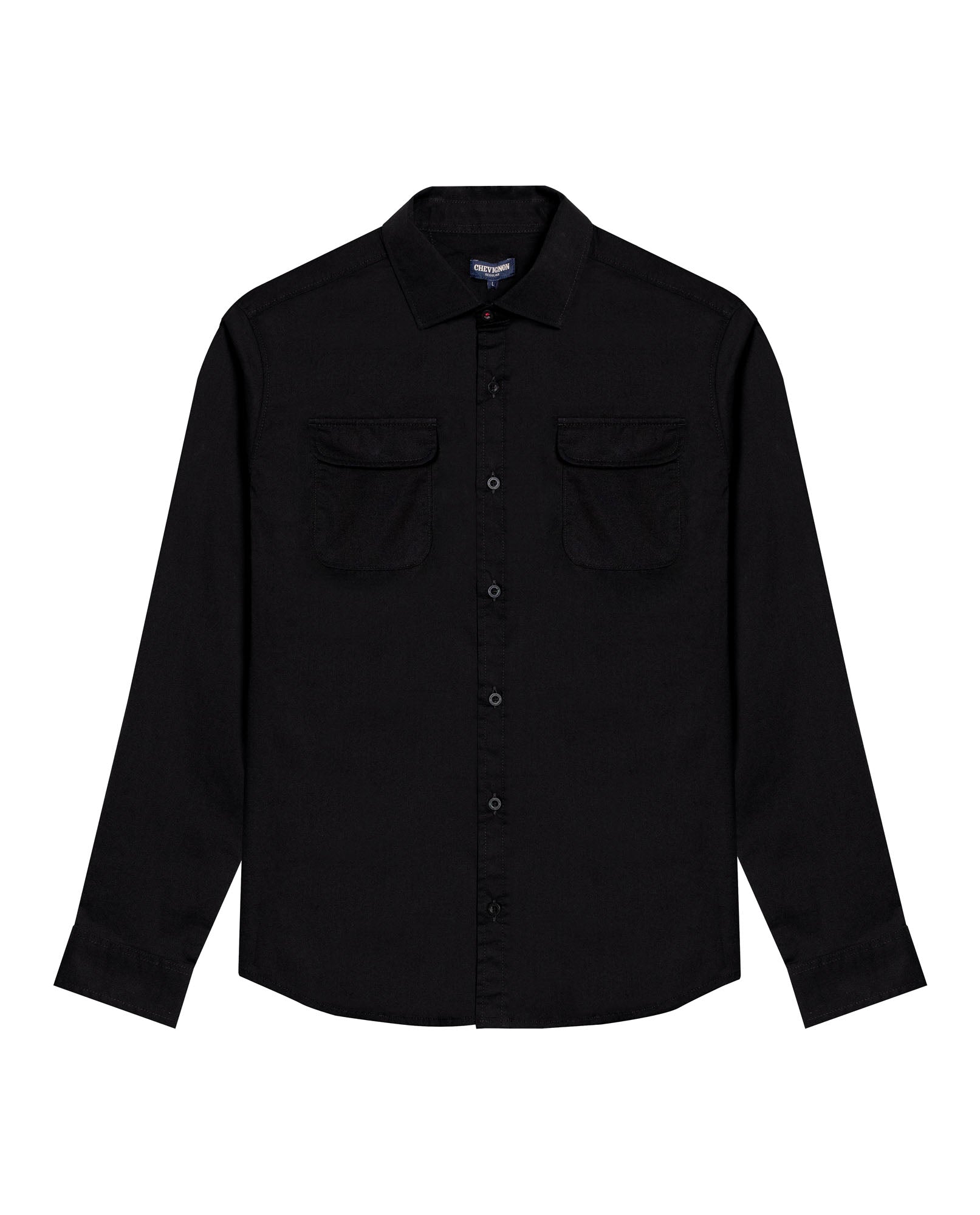 Mens Shirt Long Sleeve Regular Fit Cotton Twill Marked Diagonal Patch Pockets Flaps Hidden Snaps - Black 63_611H035_NEG194007_3