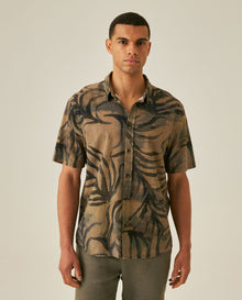 Mens Shirt Short Sleeve Classic Fit Resort Cotton Fullprint Tropical Corrugated Texture Flag Label - Brown 63_611H038_CAF191016_0