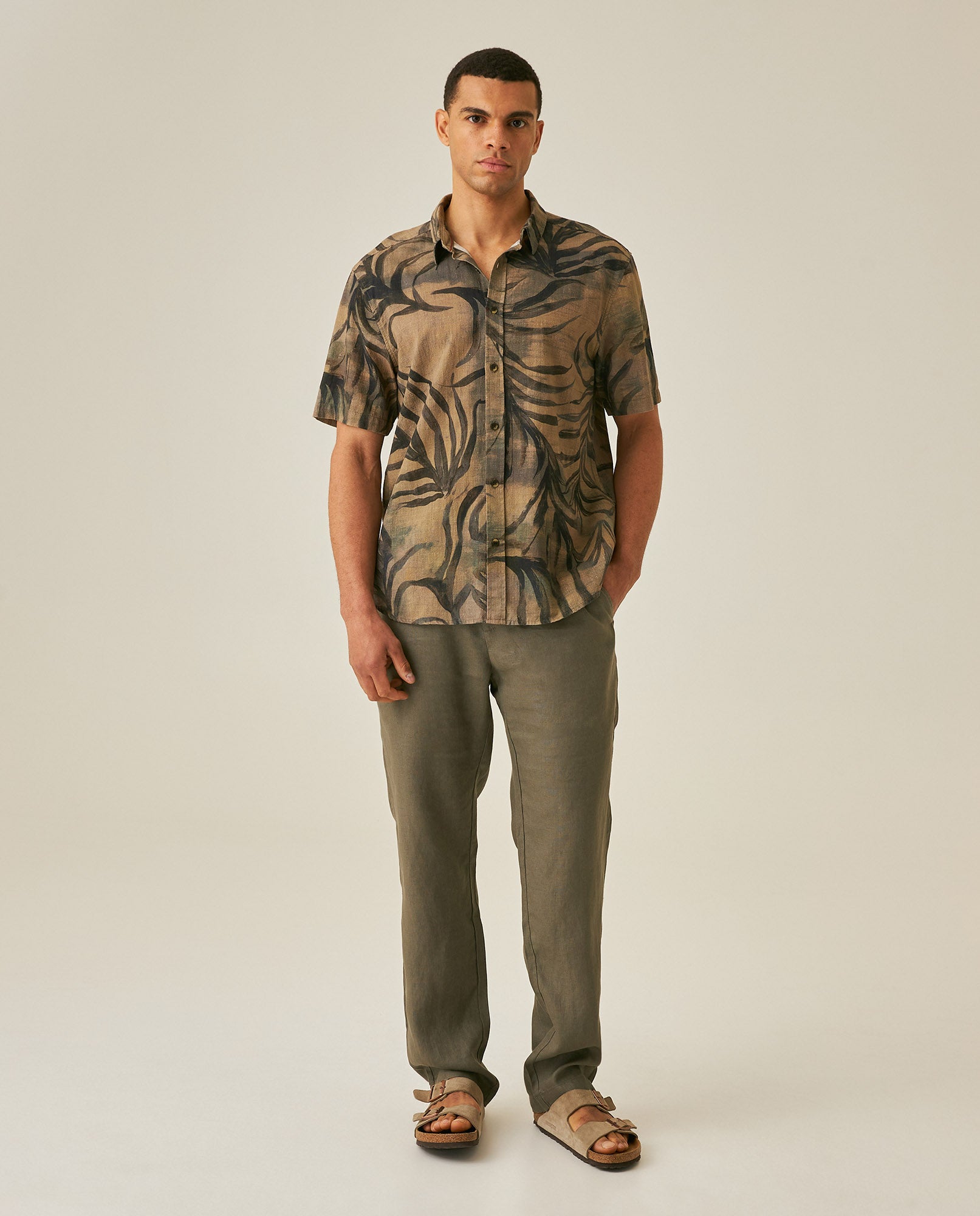 Mens Shirt Short Sleeve Classic Fit Resort Cotton Fullprint Tropical Corrugated Texture Flag Label - Brown 63_611H038_CAF191016_4
