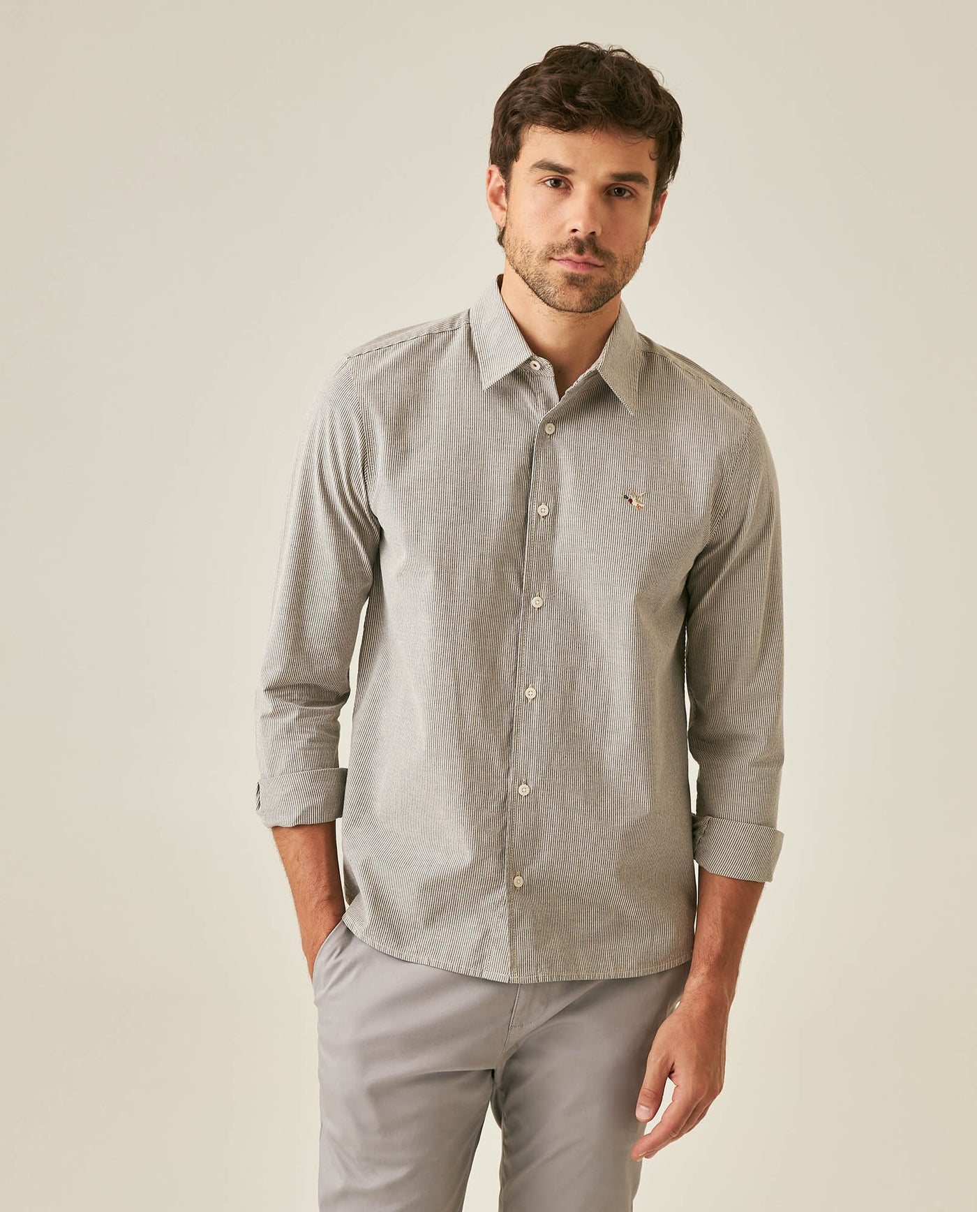 Mens Shirt Long Sleeve Slim Fit Oxford Cotton Pinstripe Pattern Contrast Side Pieces Yokes Marked Buttons - Blue 63_611H039_AZU193923_0