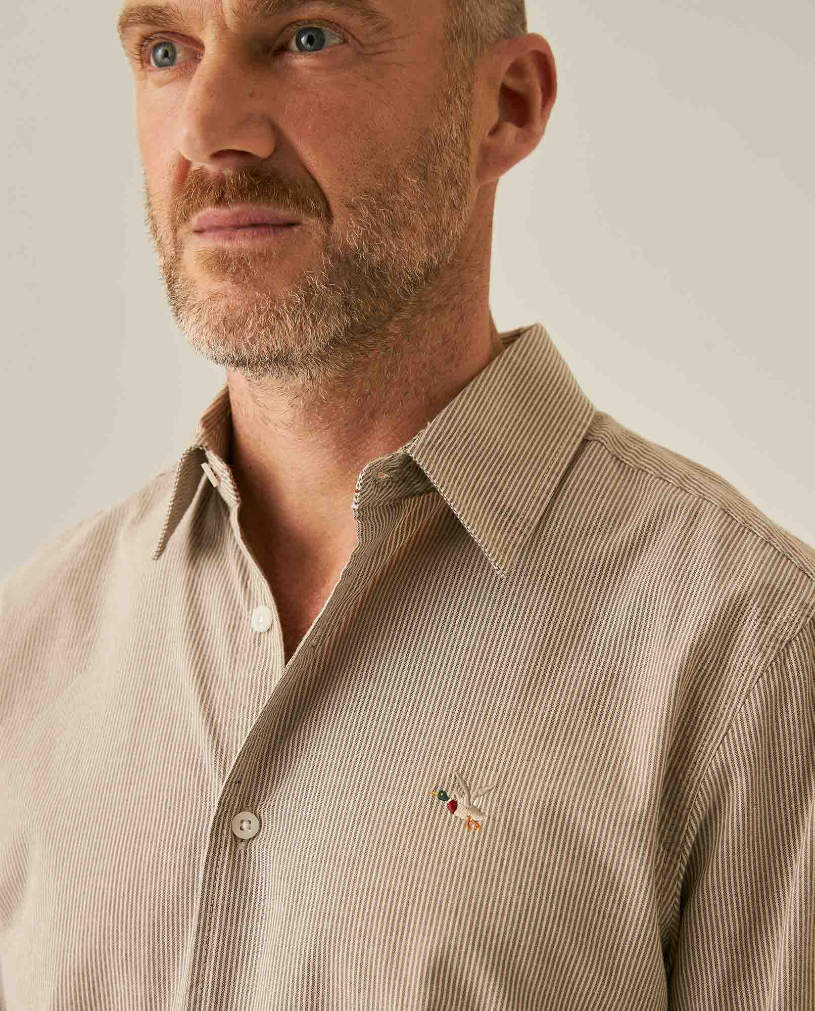 Mens Shirt Long Sleeve Slim Fit Oxford Cotton Pinstripe Pattern Contrast Side Pieces Yokes Marked Buttons - Beige 63_611H039_BEI140002_5