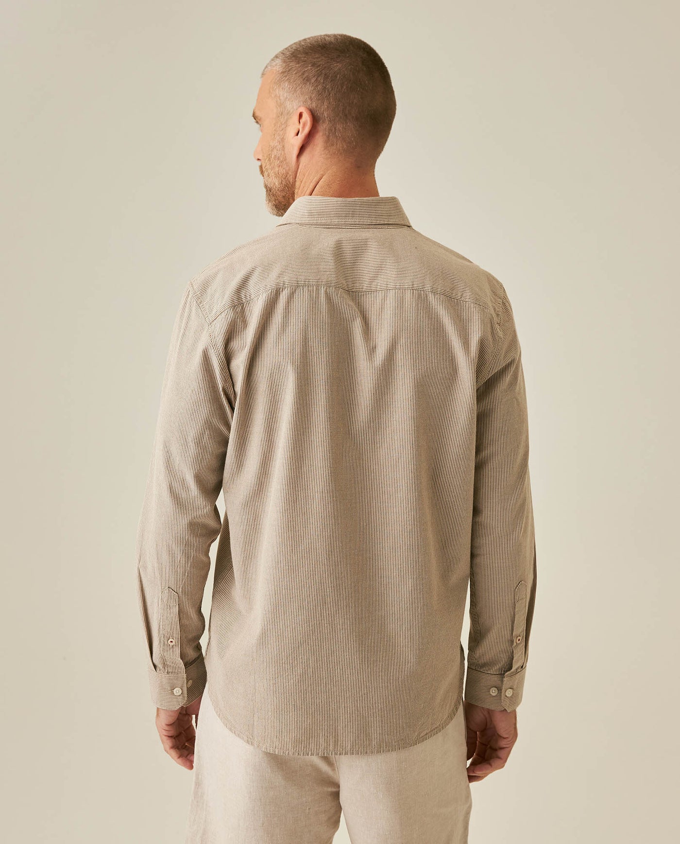 Mens Shirt Long Sleeve Slim Fit Oxford Cotton Pinstripe Pattern Contrast Side Pieces Yokes Marked Buttons - Beige 63_611H039_BEI140002_6